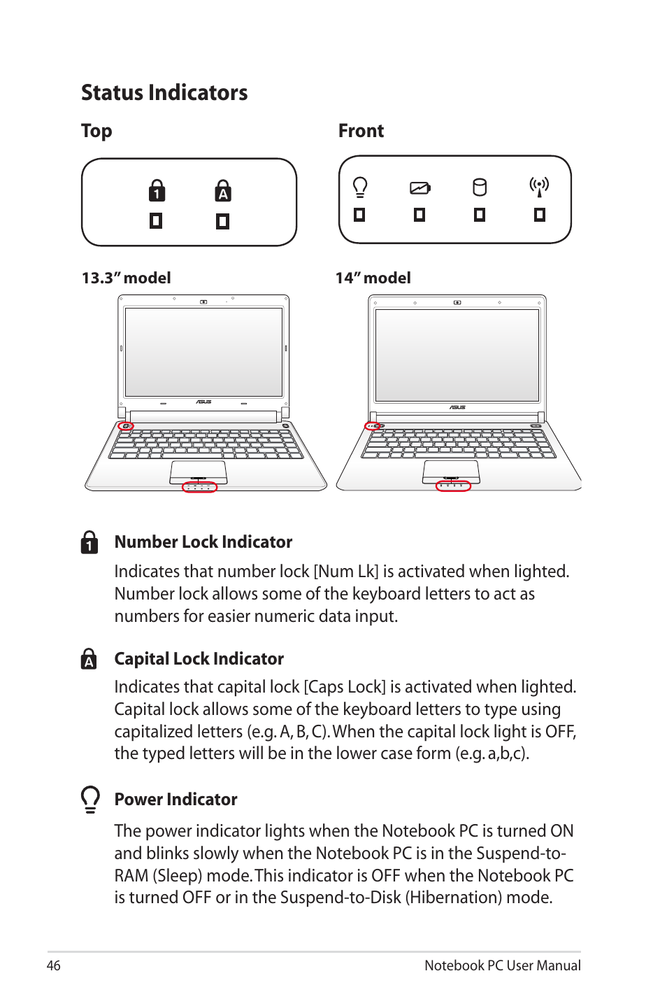 Status indicators | Asus U45JC User Manual | Page 46 / 114