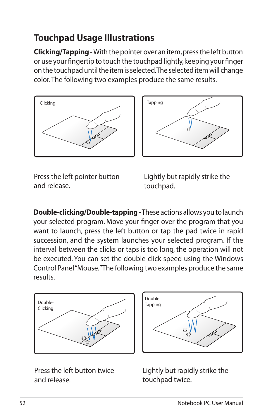 Touchpad usage illustrations | Asus U45JC User Manual | Page 52 / 114