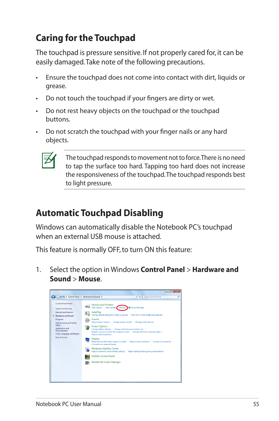 Caring for the touchpad, Automatic touchpad disabling | Asus U45JC User Manual | Page 55 / 114