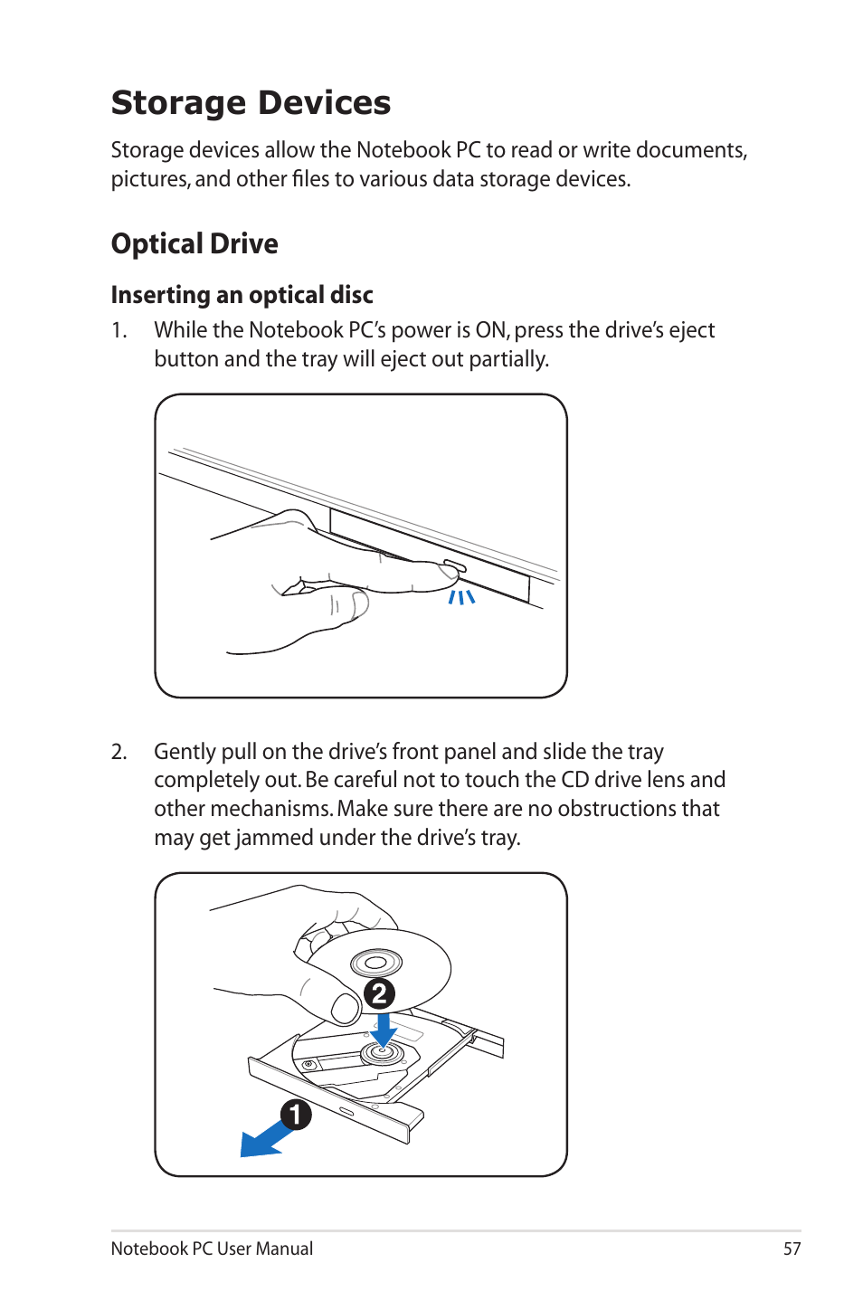 Storage devices, Optical drive | Asus U45JC User Manual | Page 57 / 114