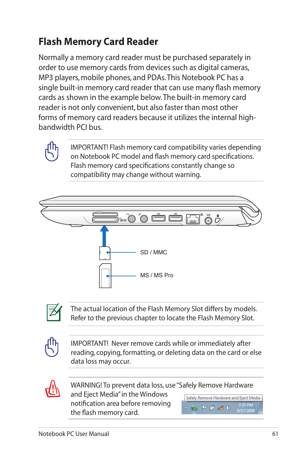 Flash memory card reader | Asus U45JC User Manual | Page 61 / 114