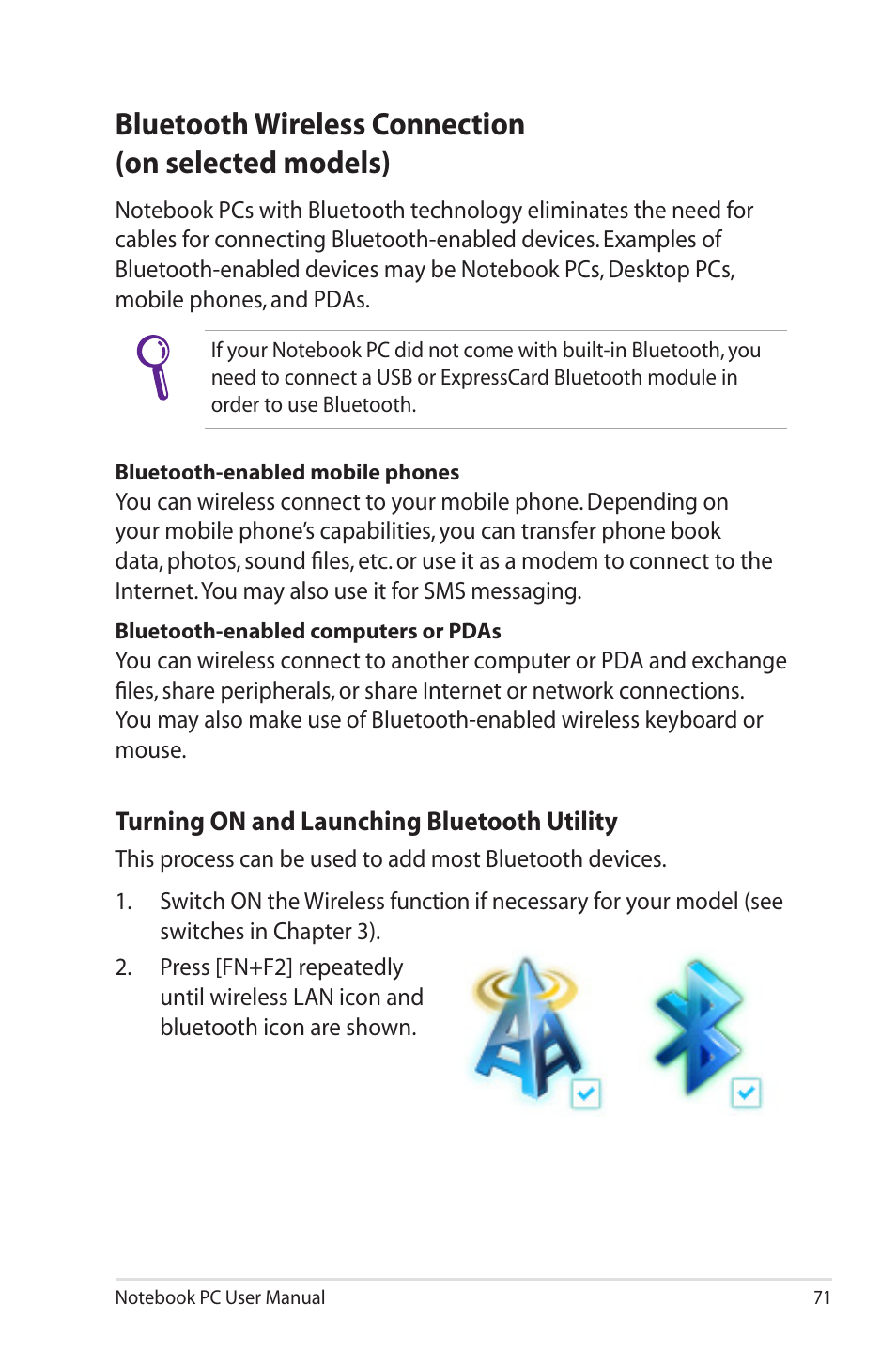 Bluetooth wireless connection(on selected models), Bluetooth wireless connection (on selected models) | Asus U45JC User Manual | Page 71 / 114