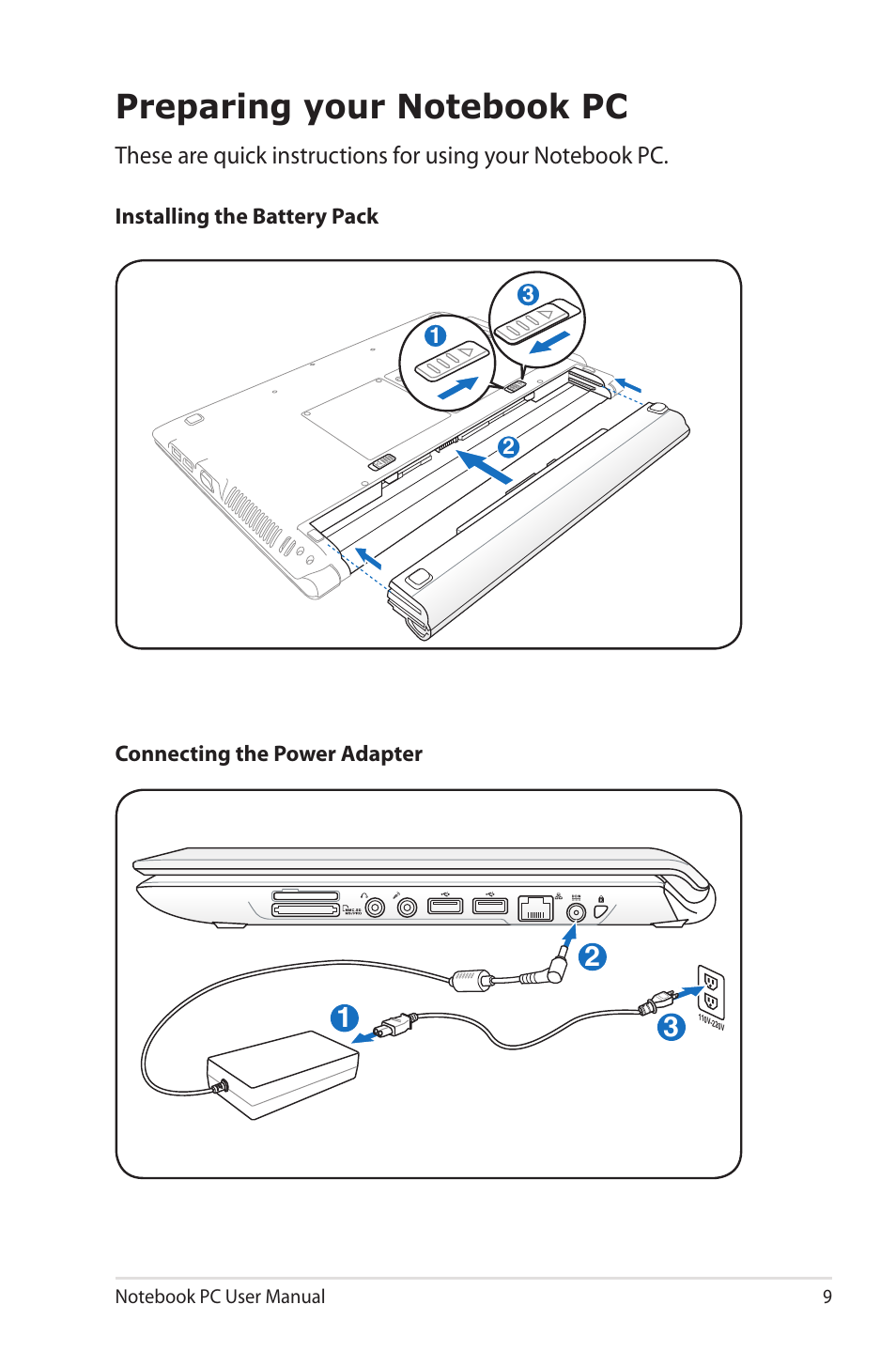 Preparing your notebook pc | Asus U45JC User Manual | Page 9 / 114