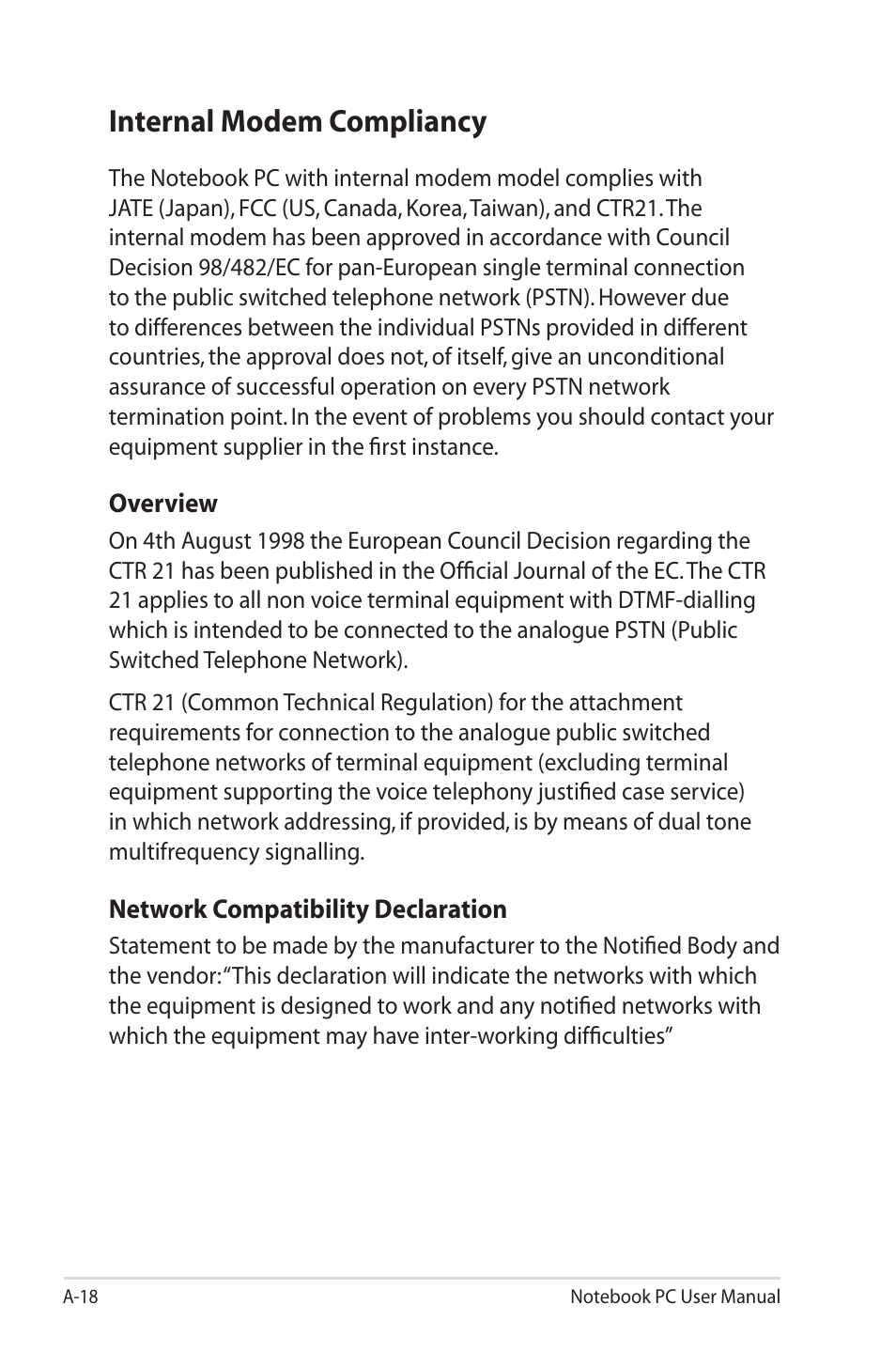 Internal modem compliancy | Asus U45JC User Manual | Page 92 / 114