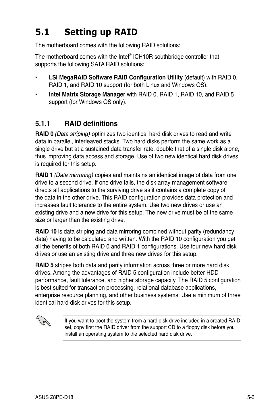 1 setting up raid, 1 raid definitions, Setting up raid -3 5.1.1 | Raid definitions -3 | Asus Z8PE-D18 User Manual | Page 103 / 166