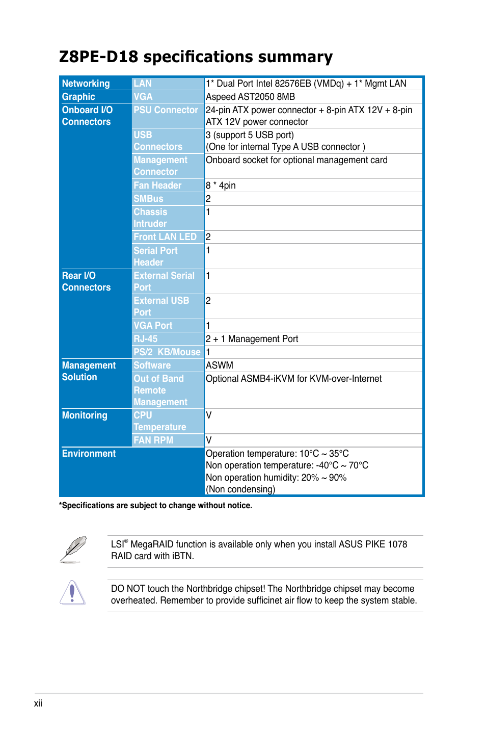 Z8pe-d18 specifications summary | Asus Z8PE-D18 User Manual | Page 12 / 166
