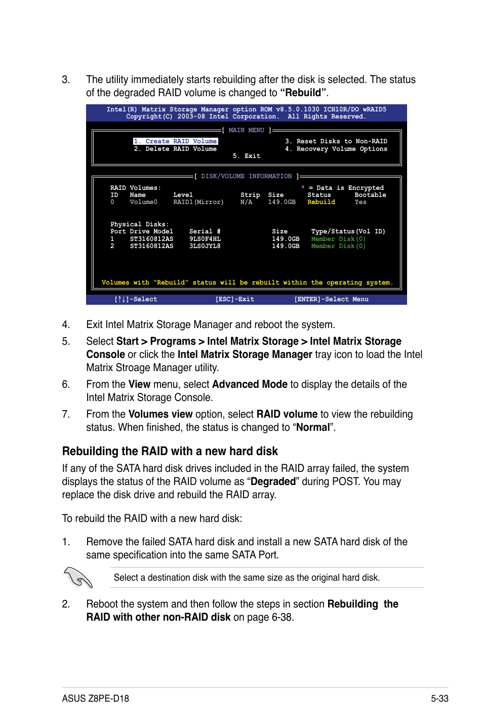 Rebuilding the raid with a new hard disk | Asus Z8PE-D18 User Manual | Page 133 / 166