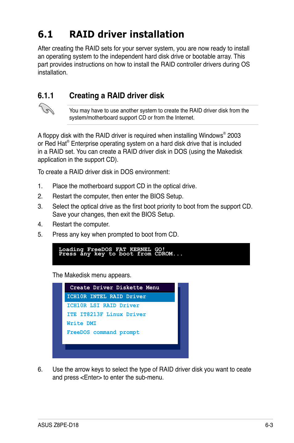 1 raid driver installation, 1 creating a raid driver disk, Raid driver installation -3 6.1.1 | Creating a raid driver disk -3 | Asus Z8PE-D18 User Manual | Page 137 / 166