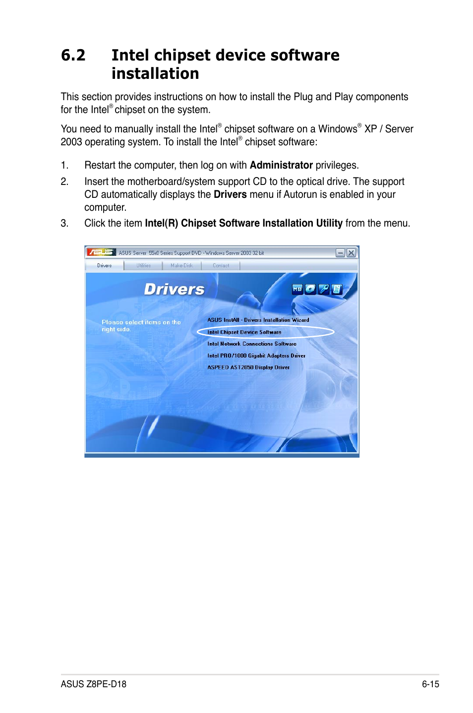 2 intel chipset device software installation, Intel chipset device software installation -15, 2 intel chipset device software installation | Asus Z8PE-D18 User Manual | Page 149 / 166