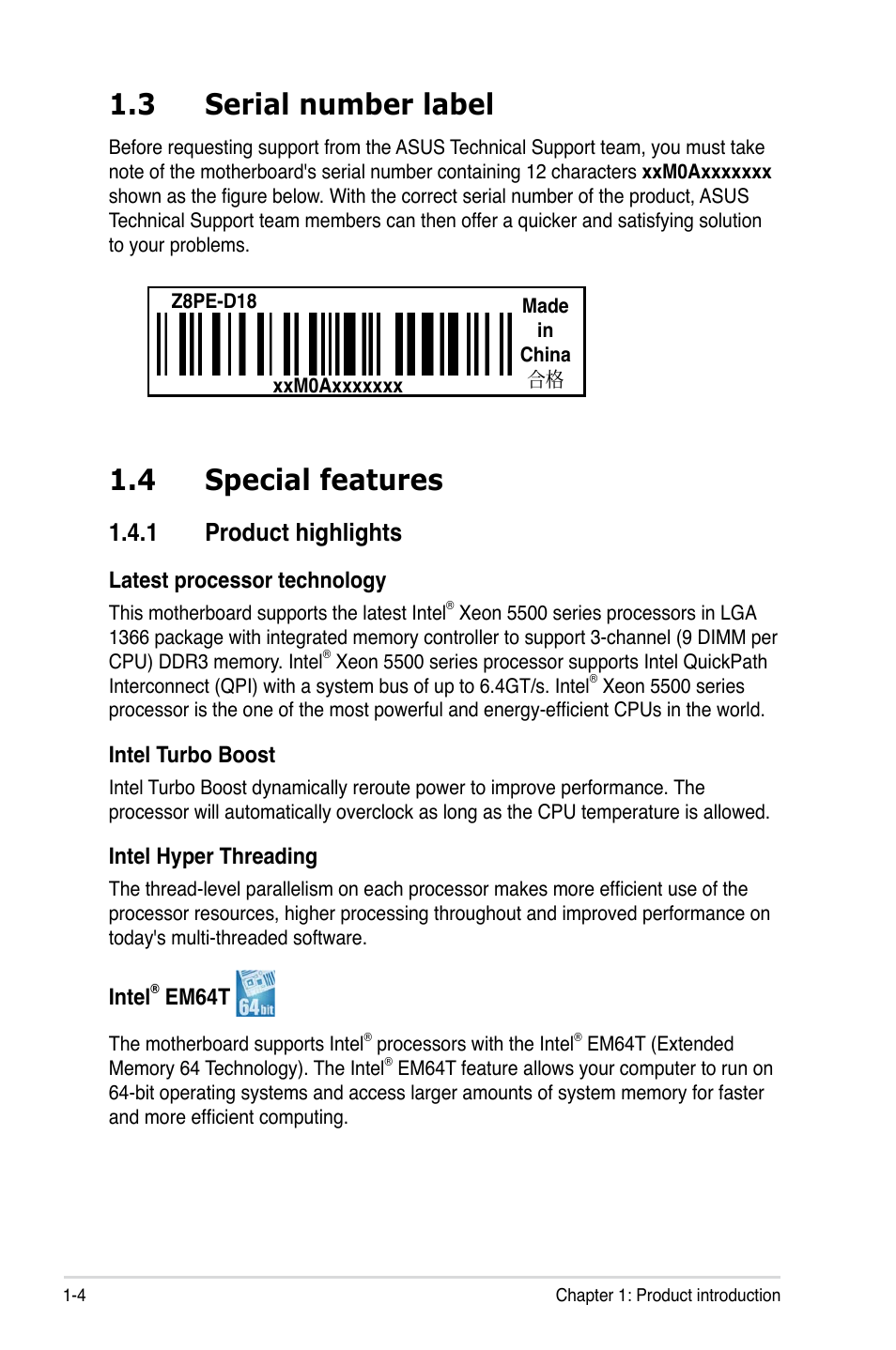 3 serial number label, 4 special features, 1 product highlights | Serial number label -4, Special features -4 1.4.1, Product highlights -4 | Asus Z8PE-D18 User Manual | Page 16 / 166
