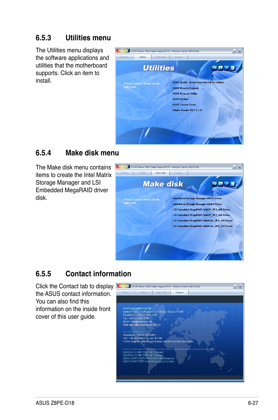 3 utilities menu, 4 make disk menu, 5 contact information | Utilities menu -27, Make disk menu -27, Contact information -27 | Asus Z8PE-D18 User Manual | Page 161 / 166