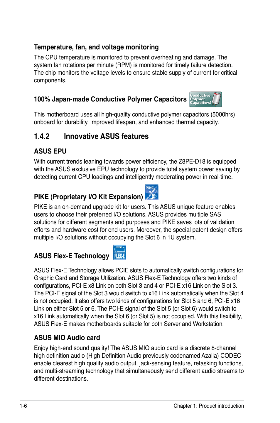 2 innovative asus features, Innovative asus features -6 | Asus Z8PE-D18 User Manual | Page 18 / 166