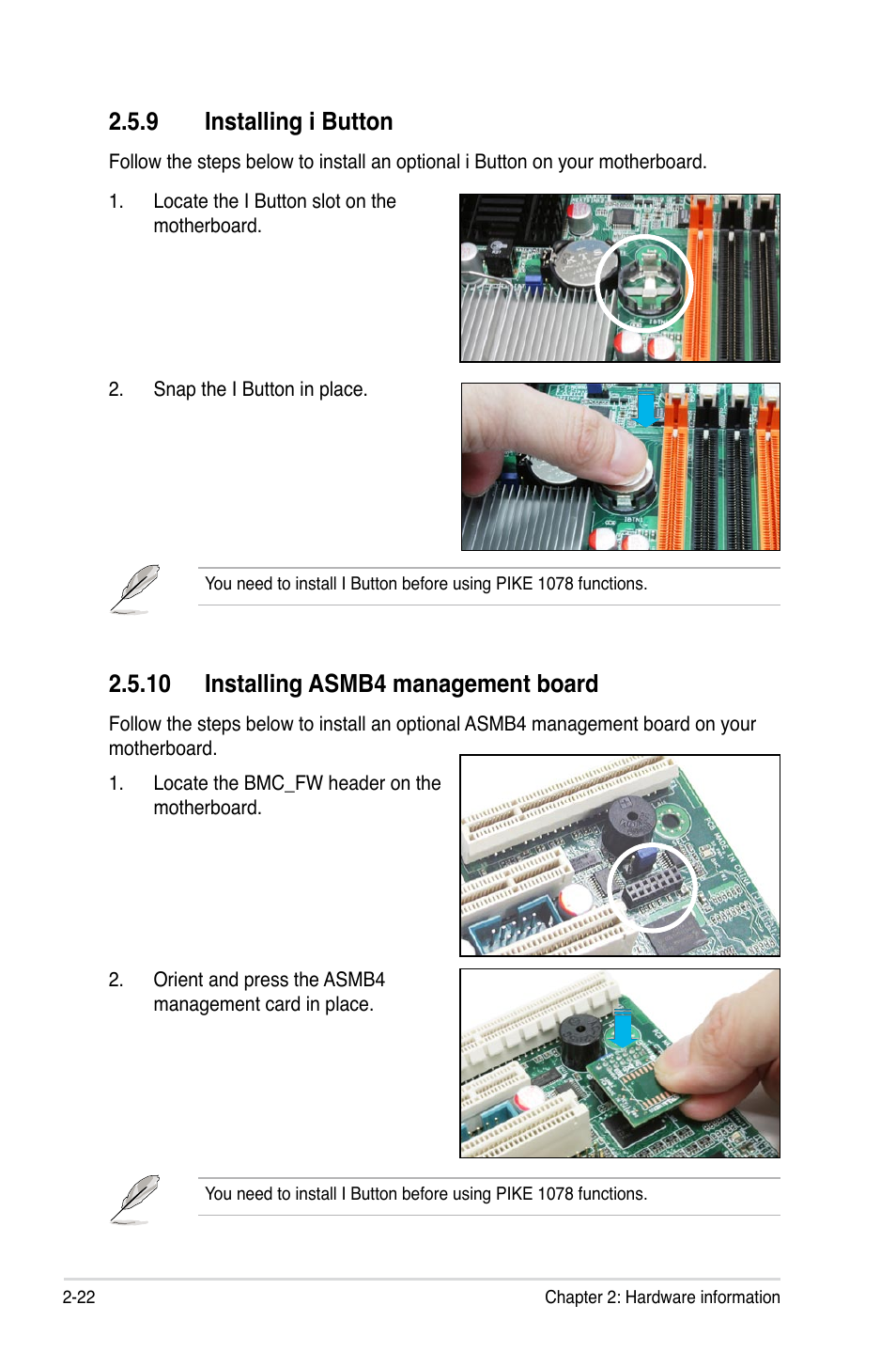 9 installing i button, 10 installing asmb4 management board, Installing i button -22 | 10 installing asmb4 management board -22 | Asus Z8PE-D18 User Manual | Page 40 / 166