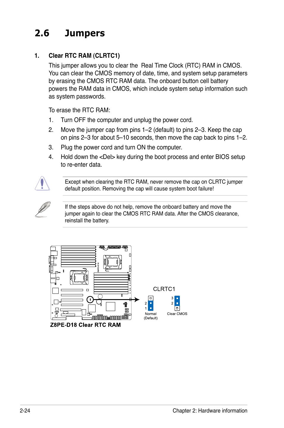 6 jumpers, Jumpers -24 | Asus Z8PE-D18 User Manual | Page 42 / 166