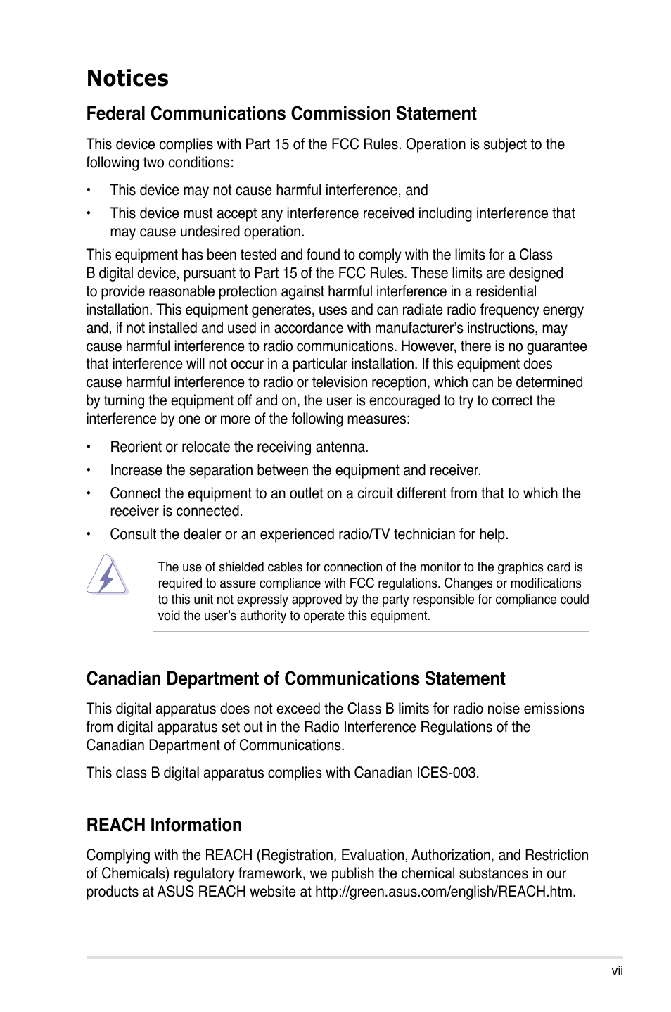 Notices, Federal communications commission statement, Canadian department of communications statement | Reach information | Asus Z8PE-D18 User Manual | Page 7 / 166