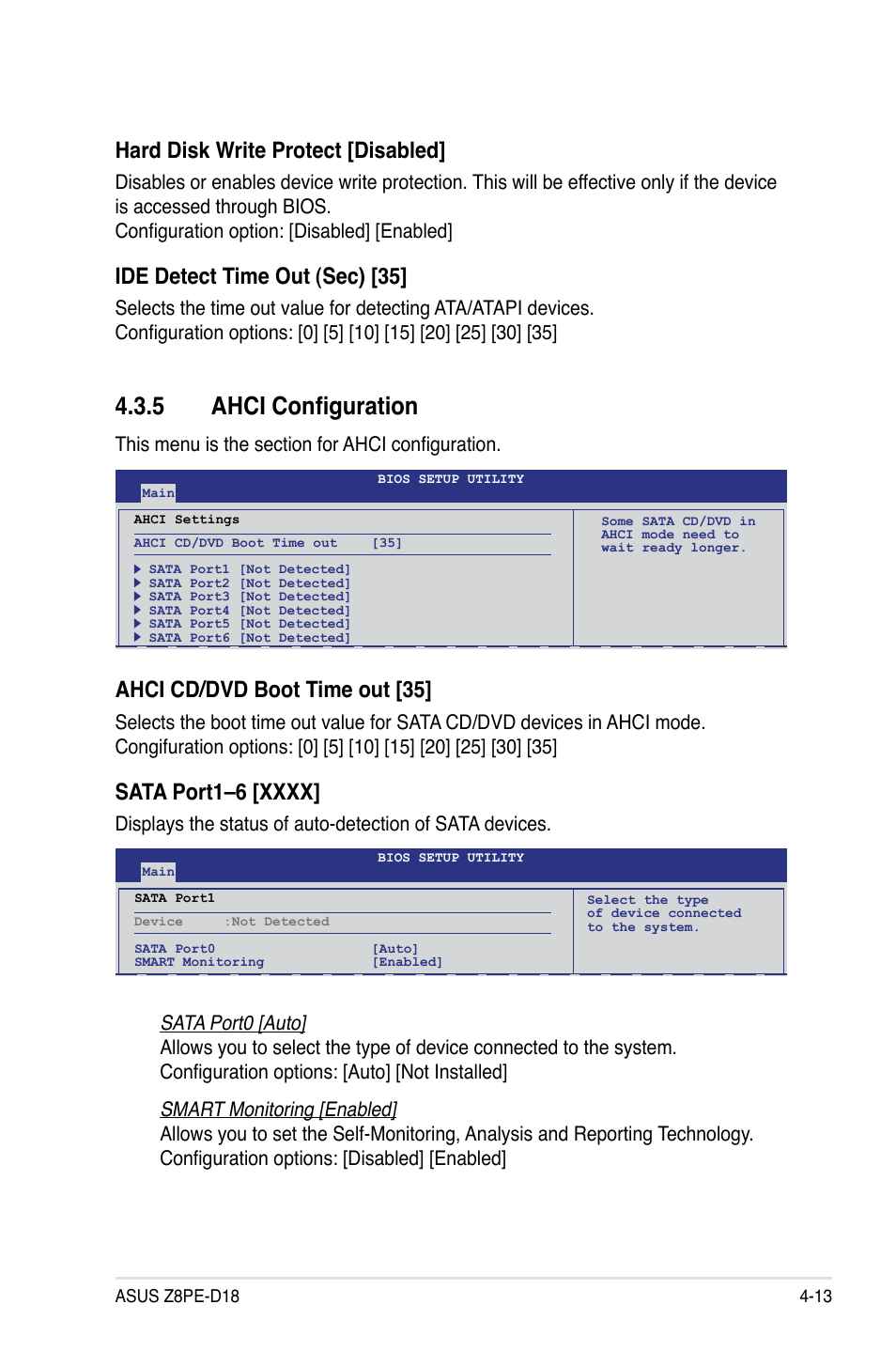 5 ahci configuration, Ahci configuration -13, Hard disk write protect [disabled | Ide detect time out (sec) [35, Ahci cd/dvd boot time out [35 | Asus Z8PE-D18 User Manual | Page 73 / 166