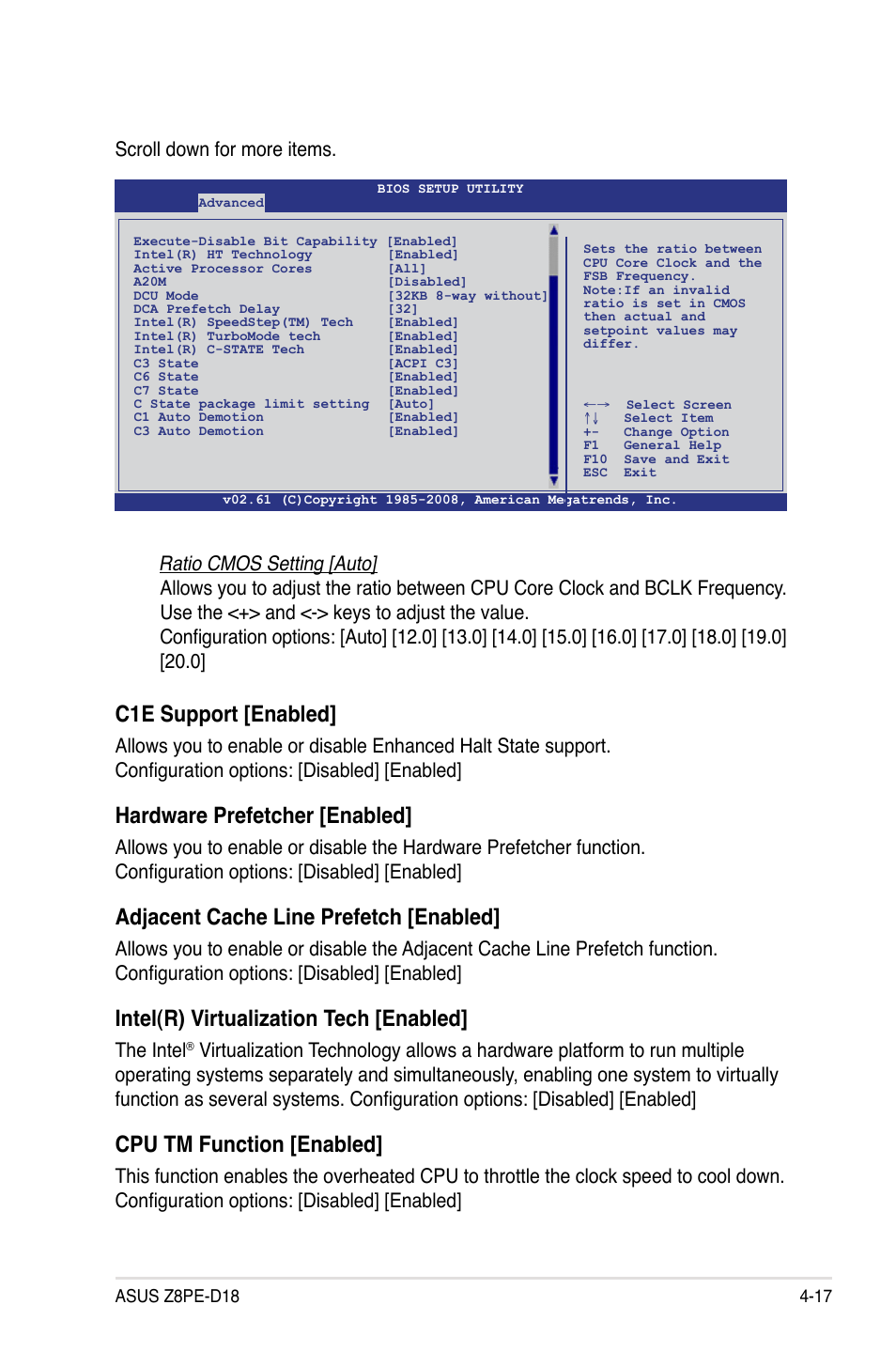 C1e support [enabled, Hardware prefetcher [enabled, Adjacent cache line prefetch [enabled | Intel(r) virtualization tech [enabled, Cpu tm function [enabled, Scroll down for more items, The intel | Asus Z8PE-D18 User Manual | Page 77 / 166