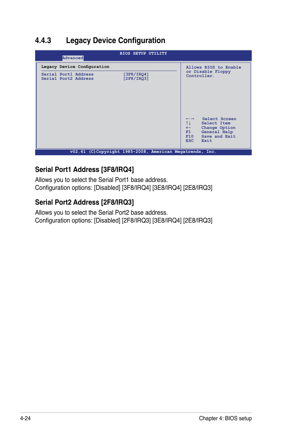 3 legacy device configuration, Legacy device configuration -24, Serial port1 address [3f8/irq4 | Serial port2 address [2f8/irq3 | Asus Z8PE-D18 User Manual | Page 84 / 166