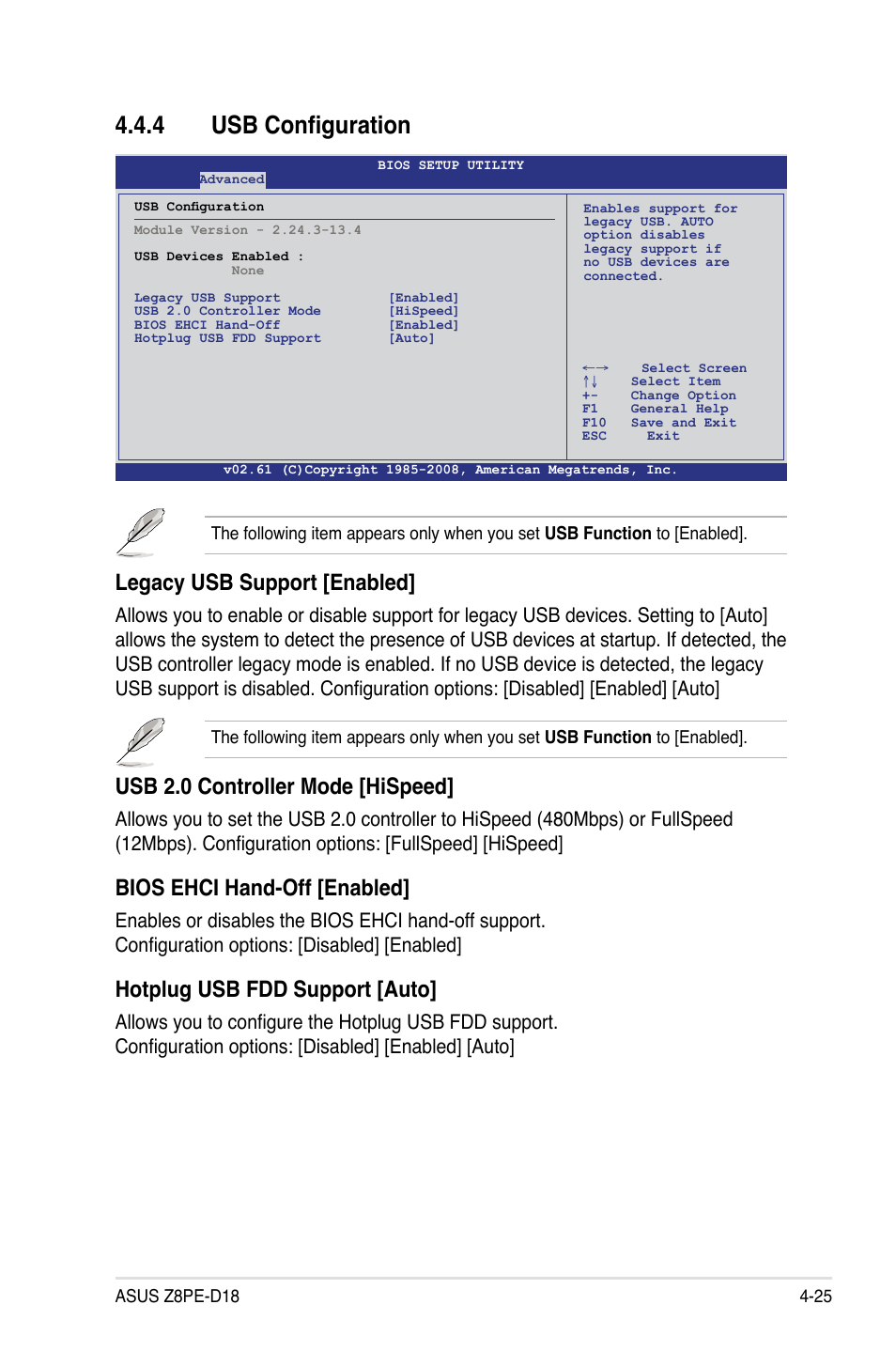 4 usb configuration, Usb configuration -25, Legacy usb support [enabled | Usb 2.0 controller mode [hispeed, Bios ehci hand-off [enabled, Hotplug usb fdd support [auto | Asus Z8PE-D18 User Manual | Page 85 / 166