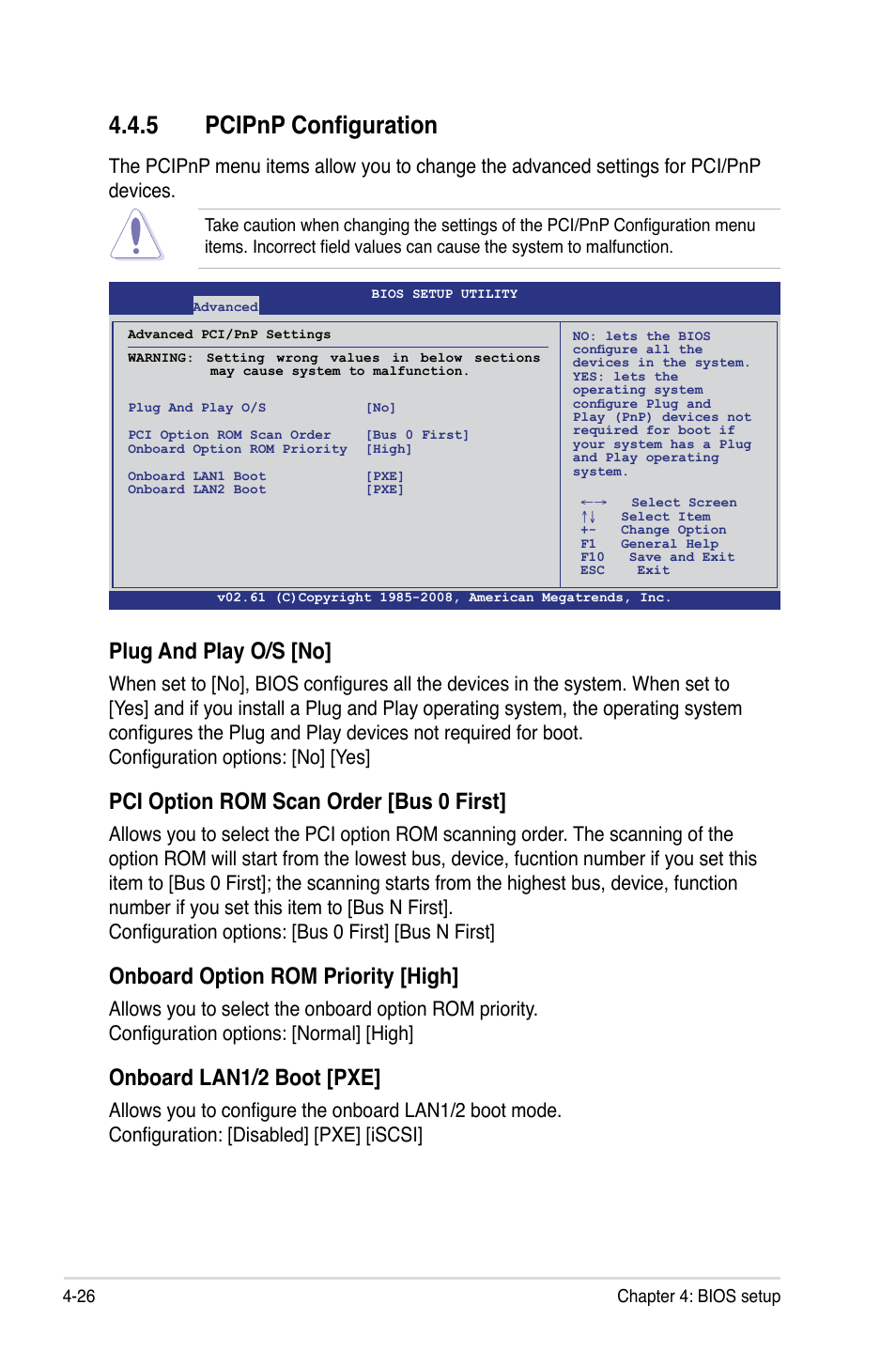 5 pcipnp configuration, Pcipnp configuration -26, Plug and play o/s [no | Pci option rom scan order [bus 0 first, Onboard option rom priority [high, Onboard lan1/2 boot [pxe | Asus Z8PE-D18 User Manual | Page 86 / 166