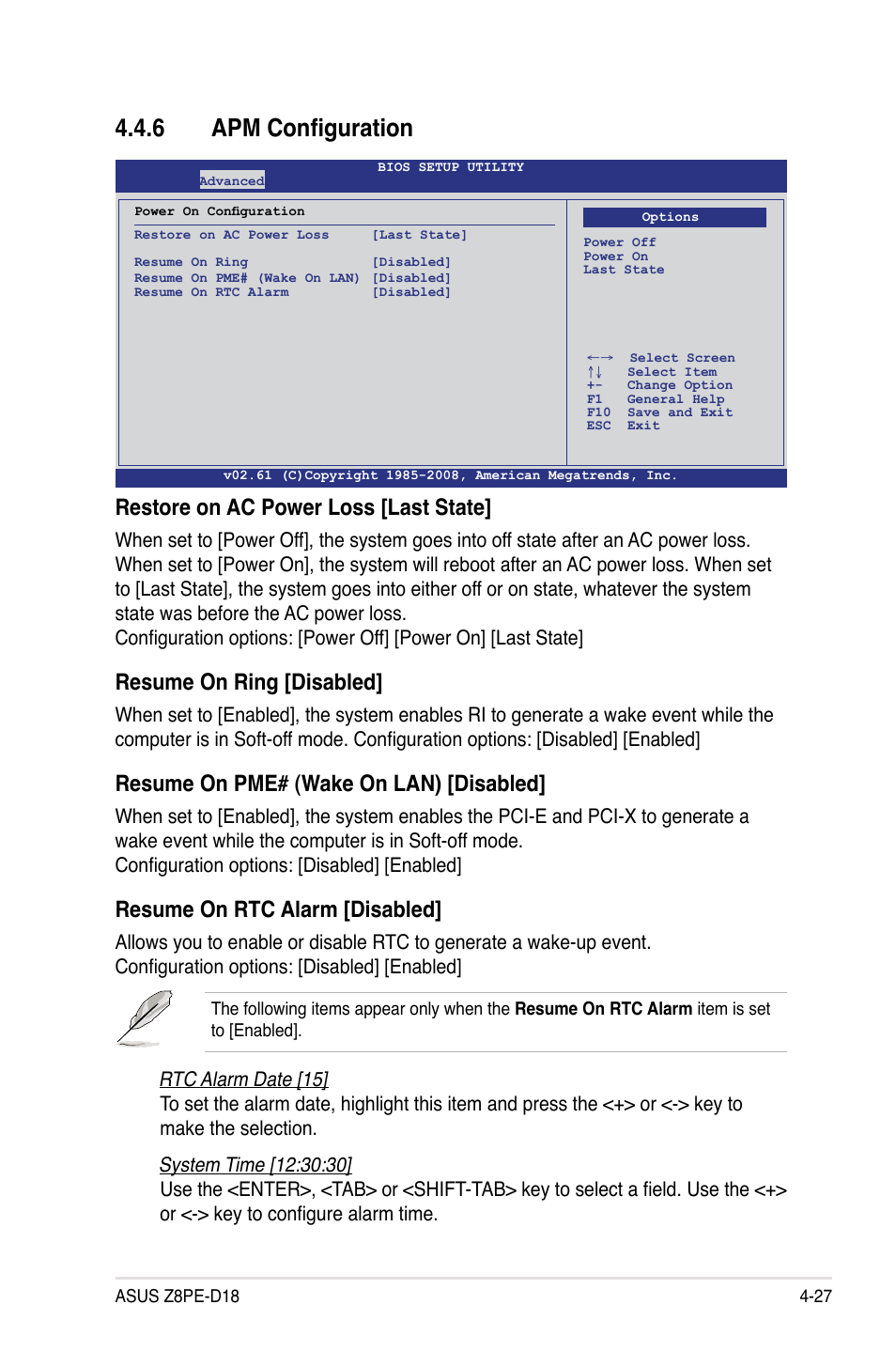 6 apm configuration, Apm configuration -27, Restore on ac power loss [last state | Resume on ring [disabled, Resume on pme# (wake on lan) [disabled, Resume on rtc alarm [disabled | Asus Z8PE-D18 User Manual | Page 87 / 166