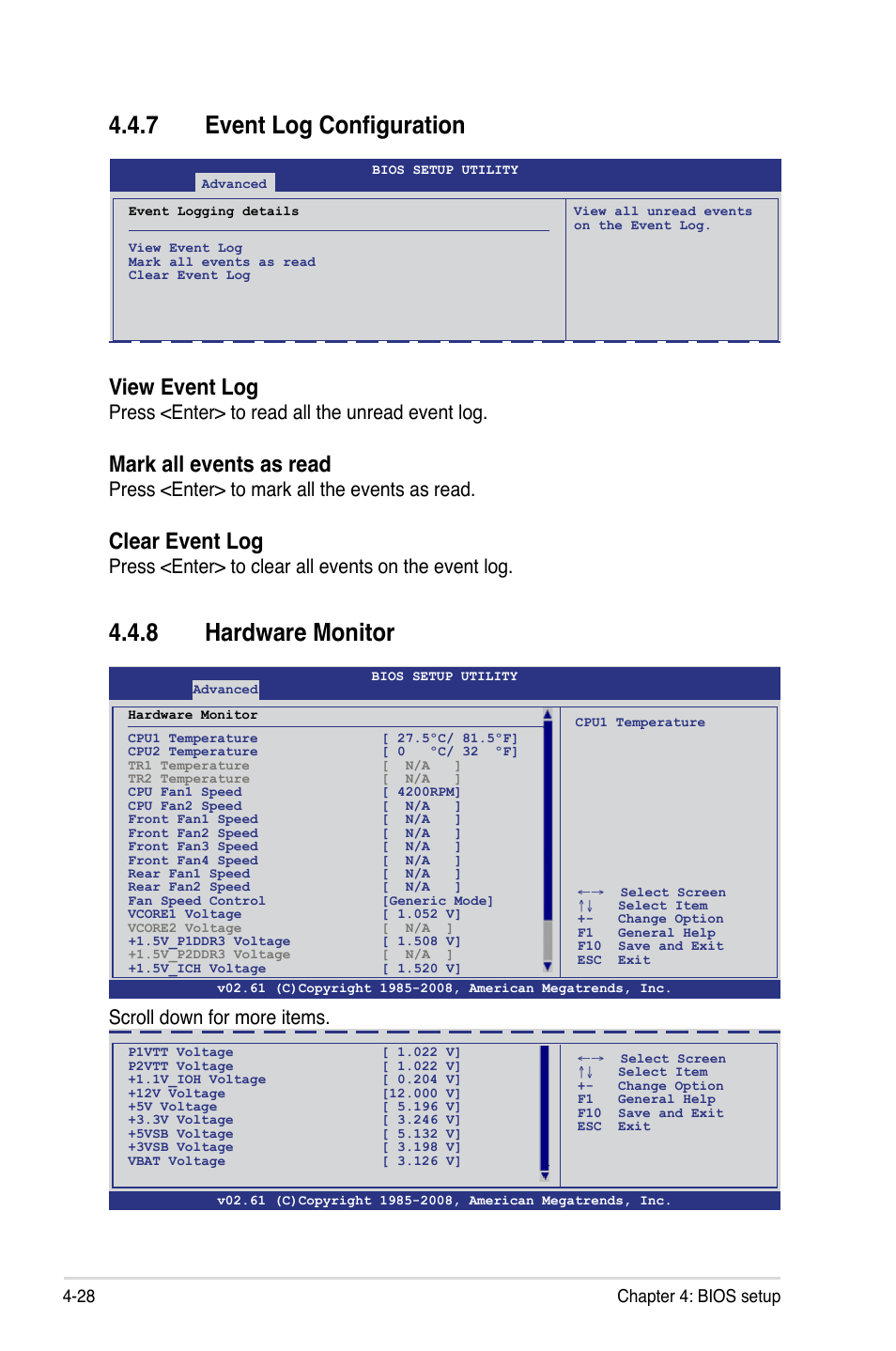 7 event log configuration, 8 hardware monitor, Event log configuration -28 | Hardware monitor -28, View event log, Mark all events as read, Clear event log, Press <enter> to read all the unread event log, Press <enter> to mark all the events as read, Press <enter> to clear all events on the event log | Asus Z8PE-D18 User Manual | Page 88 / 166