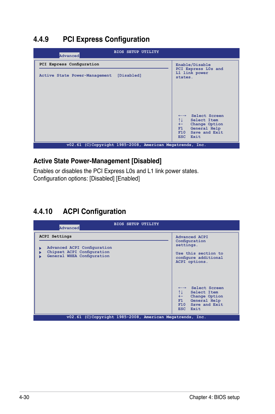 9 pci express configuration, 10 acpi configuration, Pci express configuration -30 | 10 acpi configuration -30, Active state power-management [disabled, 30 chapter 4: bios setup | Asus Z8PE-D18 User Manual | Page 90 / 166