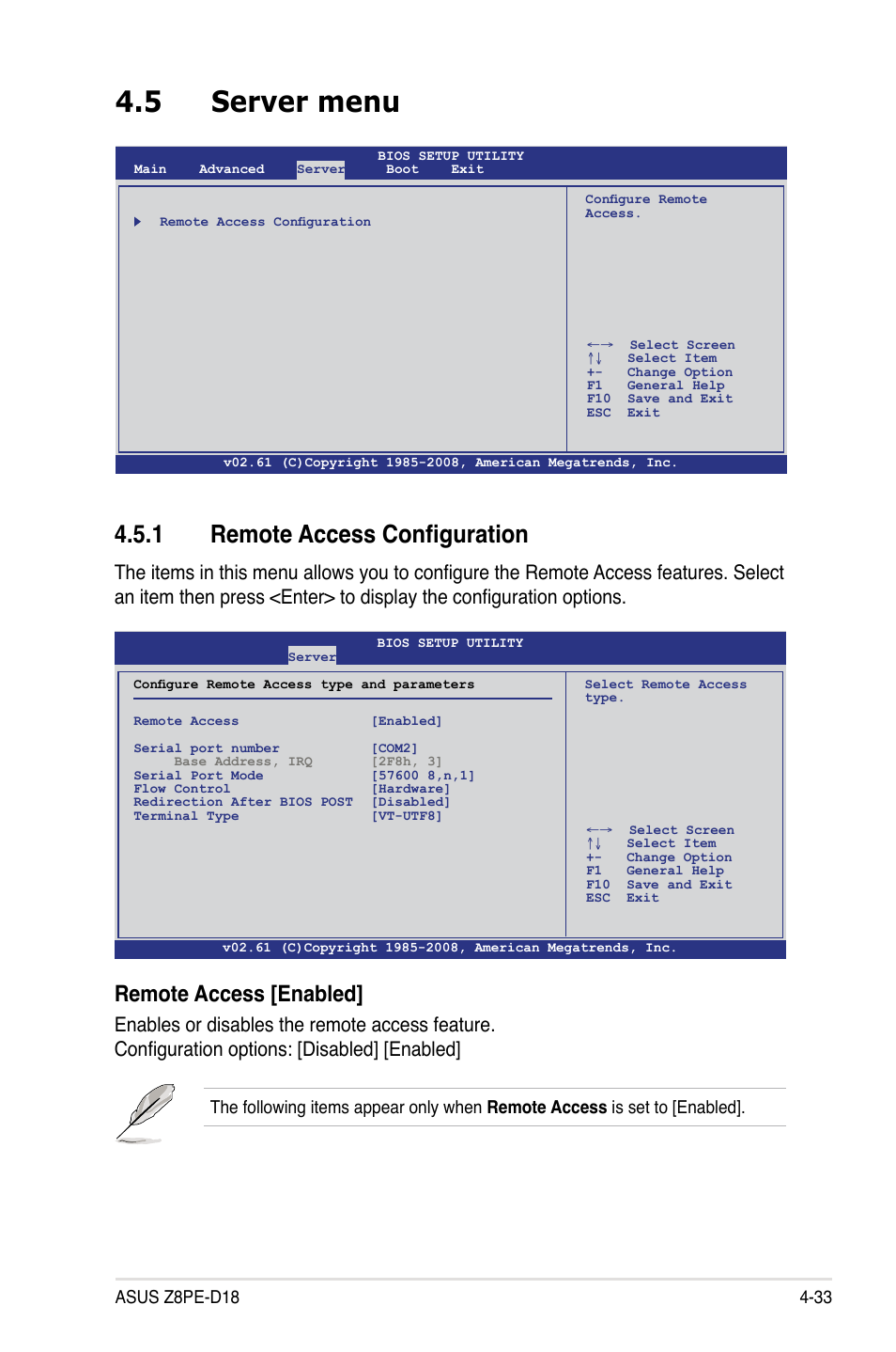 5 server menu, 1 remote access configuration, Server menu -33 4.5.1 | Remote access configuration -33, Remote access [enabled | Asus Z8PE-D18 User Manual | Page 93 / 166