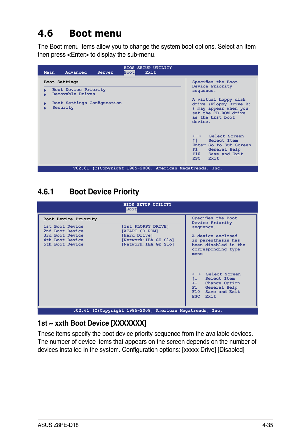 6 boot menu, 1 boot device priority, Boot menu -35 4.6.1 | Boot device priority -35 | Asus Z8PE-D18 User Manual | Page 95 / 166