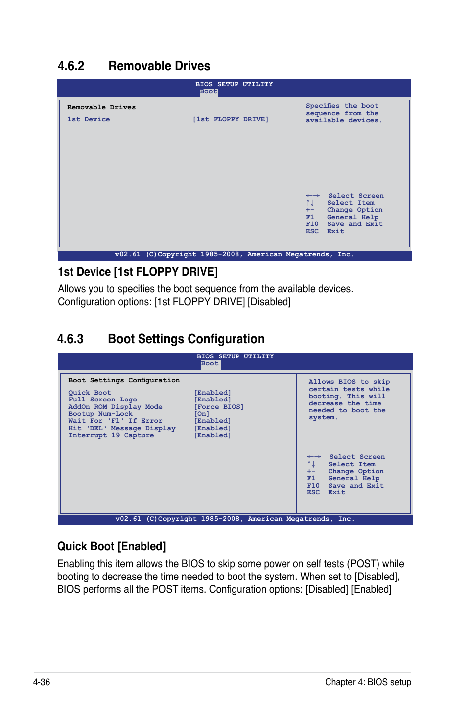 2 removable drives, 3 boot settings configuration, Removable drives -36 | Boot settings configuration -36, 1st device [1st floppy drive, Quick boot [enabled | Asus Z8PE-D18 User Manual | Page 96 / 166