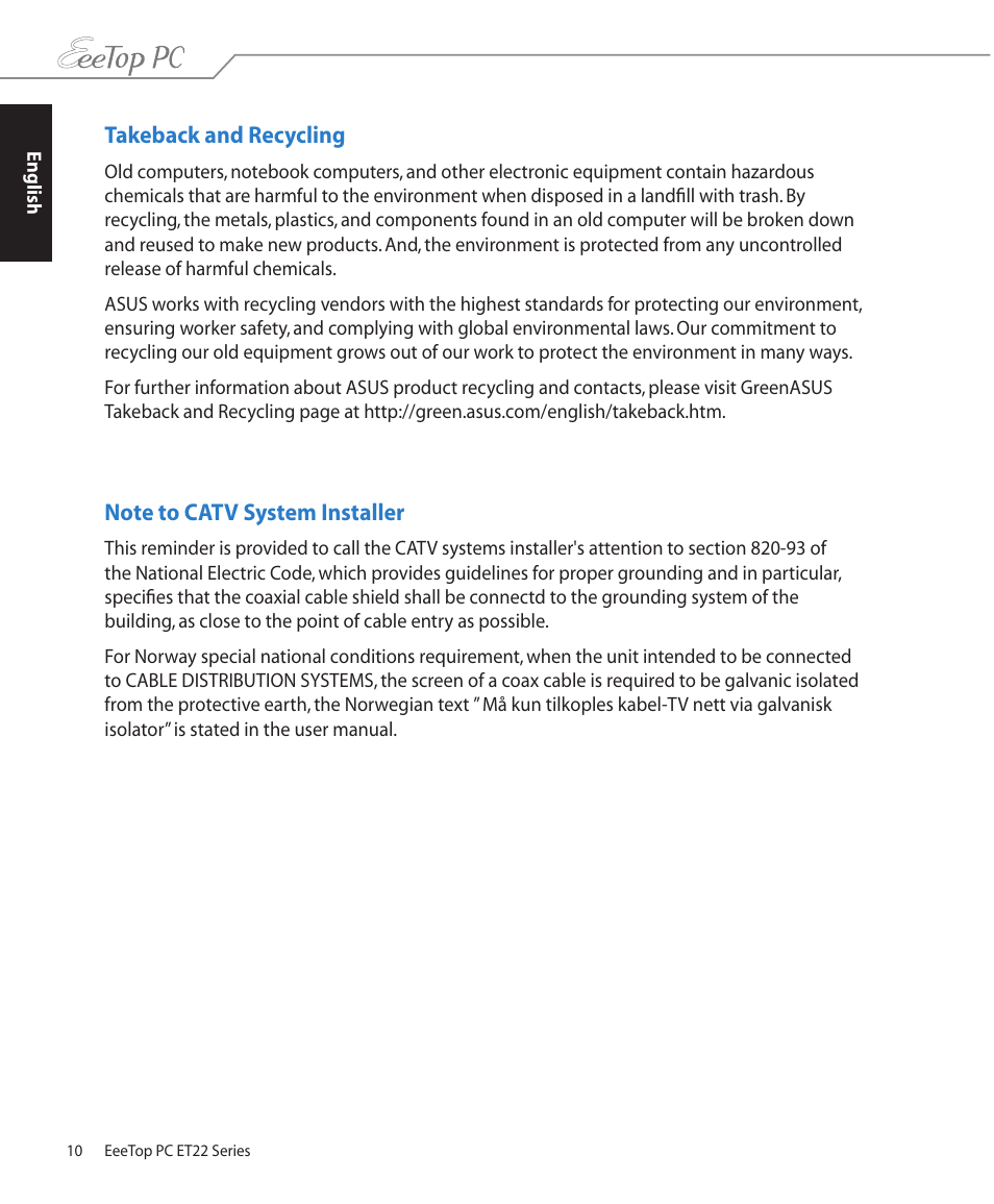 Takeback and recycling | Asus ET2203T User Manual | Page 10 / 40