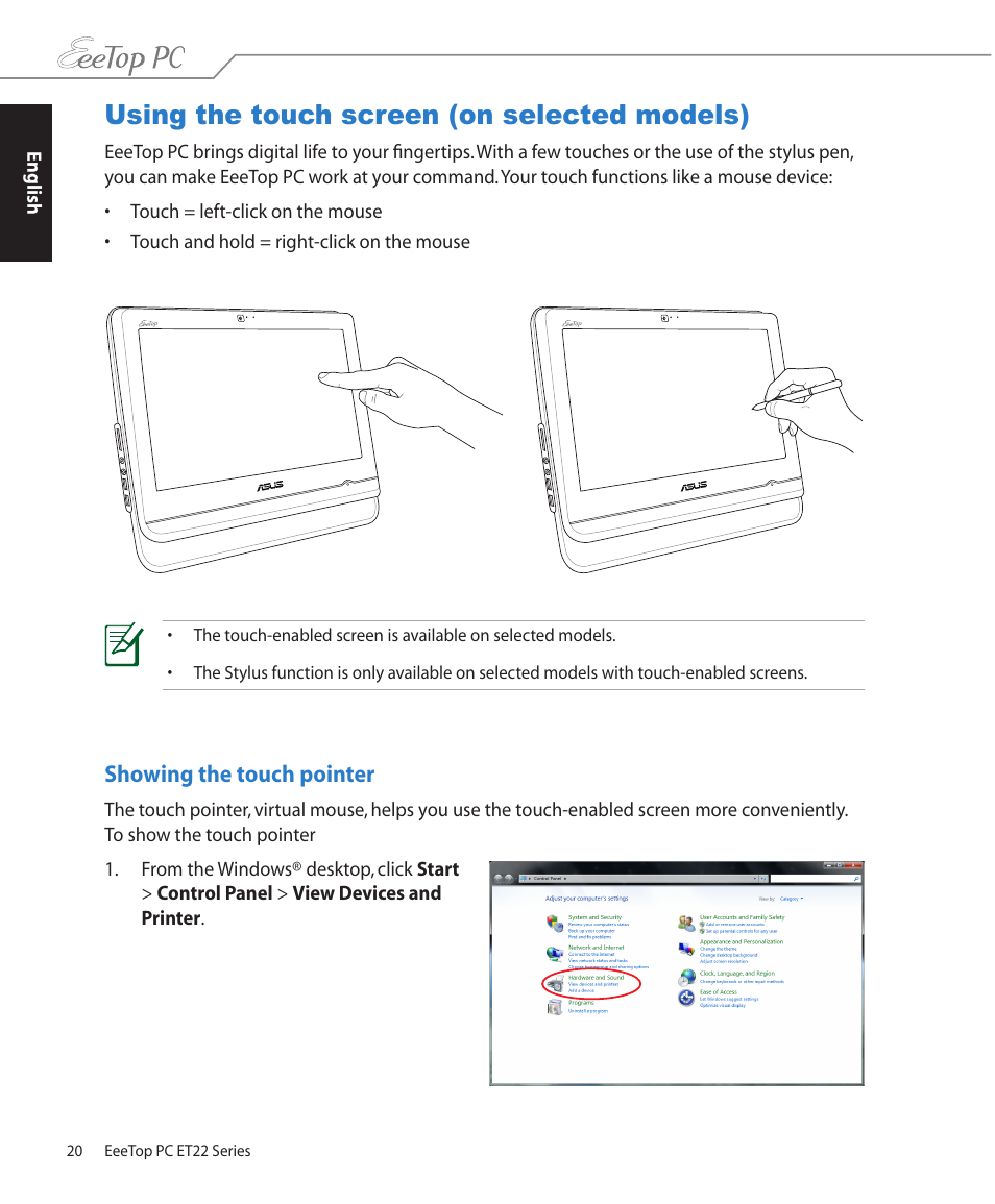 Using the touch screen (on selected models), Showing the touch pointer | Asus ET2203T User Manual | Page 20 / 40