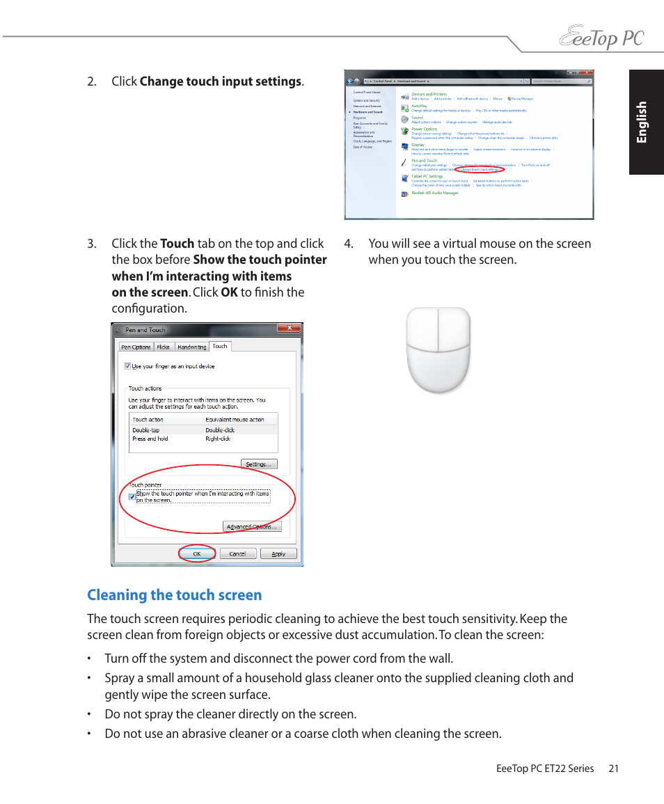 Cleaning the touch screen | Asus ET2203T User Manual | Page 21 / 40