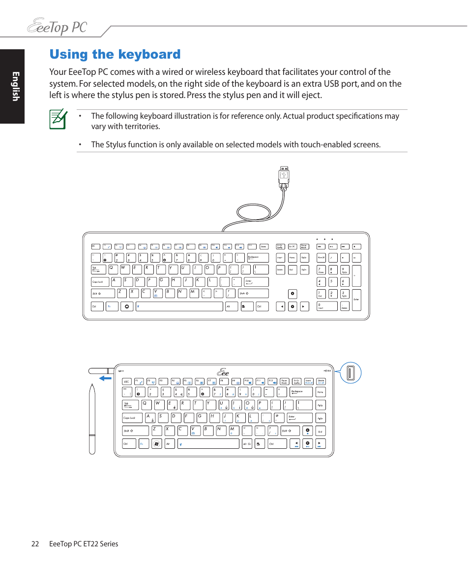 Using the keyboard | Asus ET2203T User Manual | Page 22 / 40