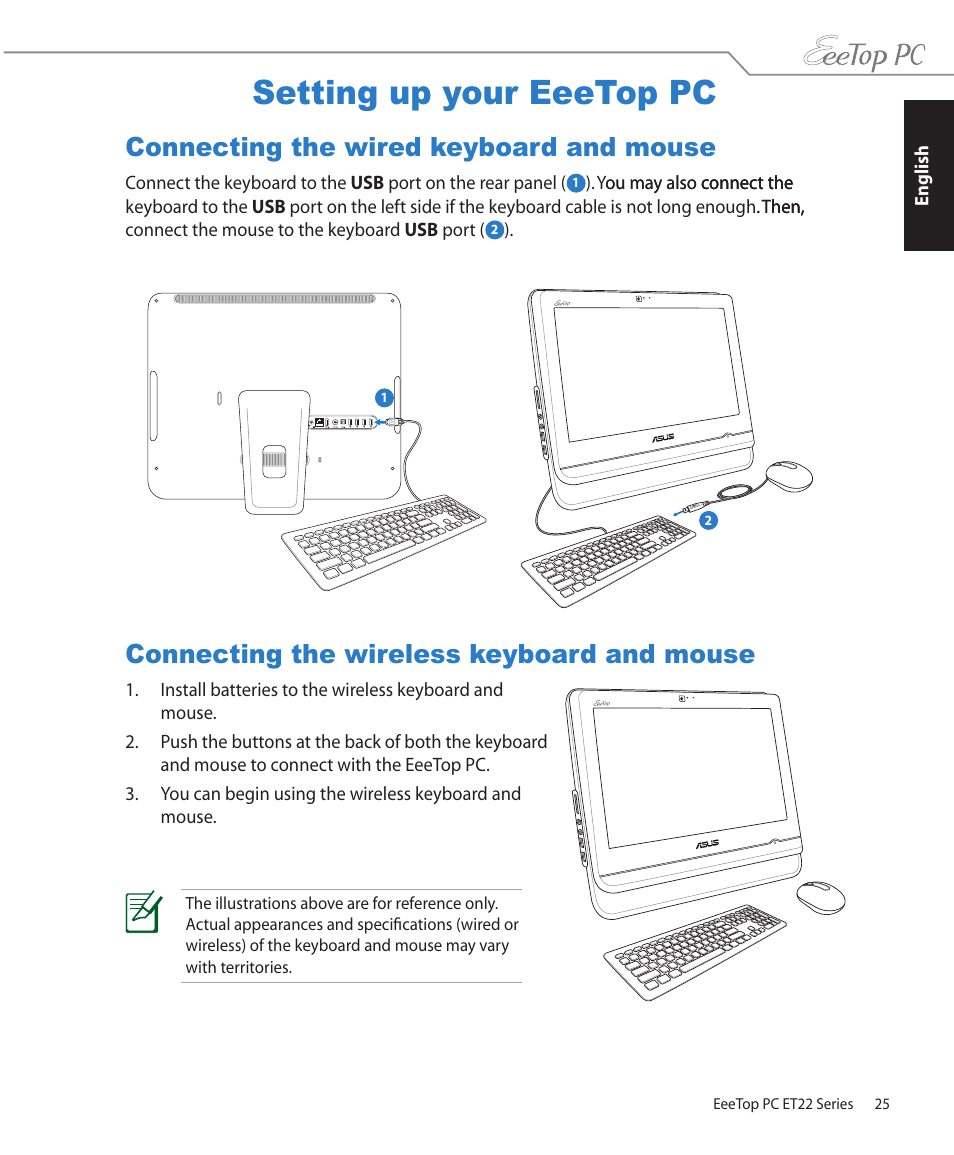 Setting up your eeetop pc, Connecting the wired keyboard and mouse, Connecting the wireless keyboard and mouse | Asus ET2203T User Manual | Page 25 / 40