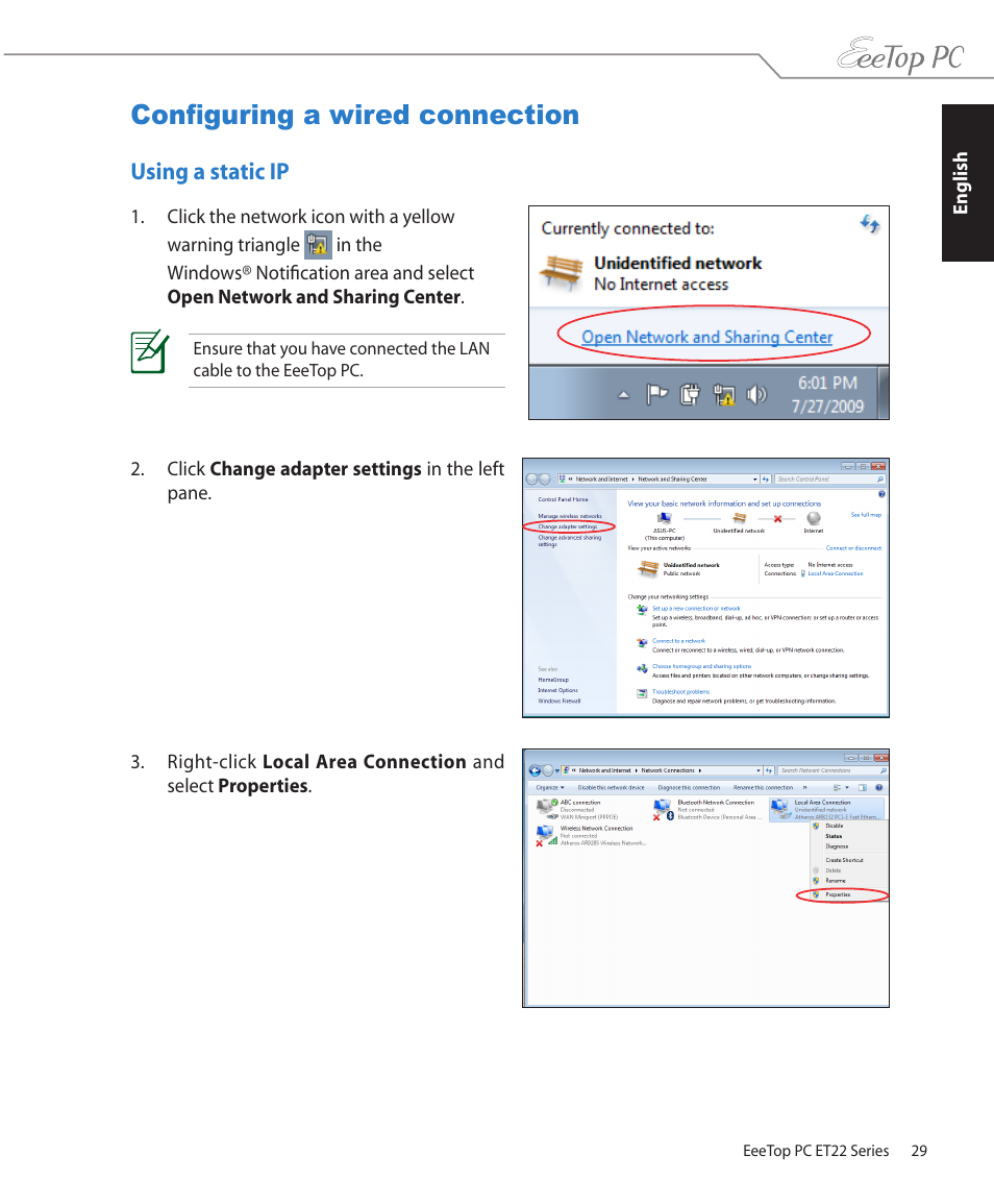 Configuring a wired connection, Using a static ip | Asus ET2203T User Manual | Page 29 / 40