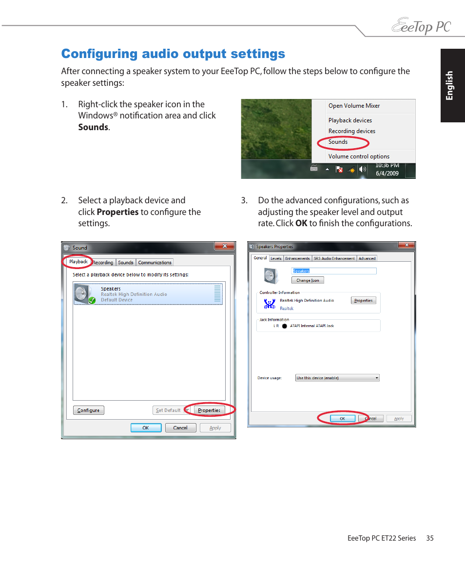 Configuring audio output settings | Asus ET2203T User Manual | Page 35 / 40