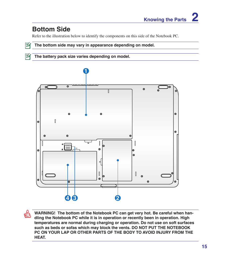 Bottom side | Asus N70SV User Manual | Page 15 / 87