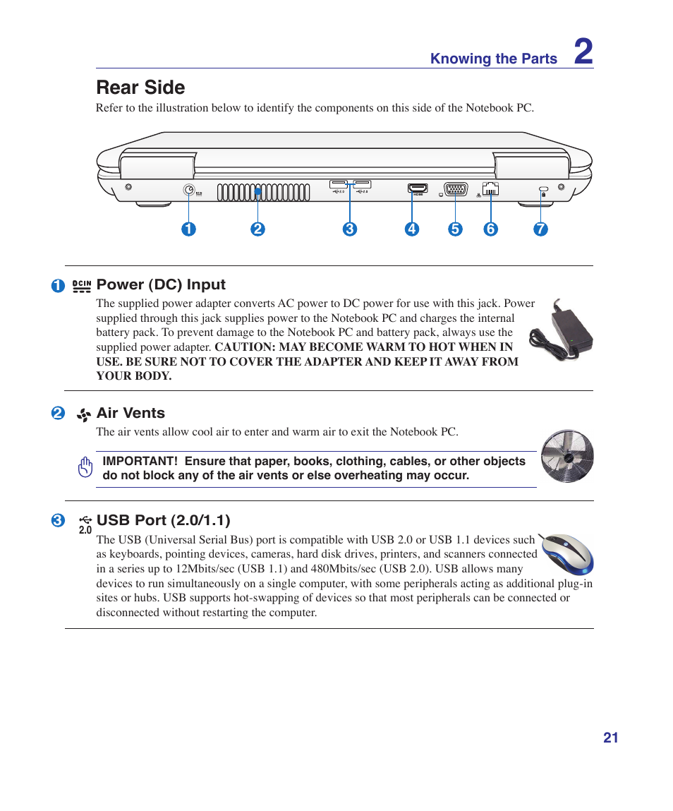 Rear side | Asus N70SV User Manual | Page 21 / 87