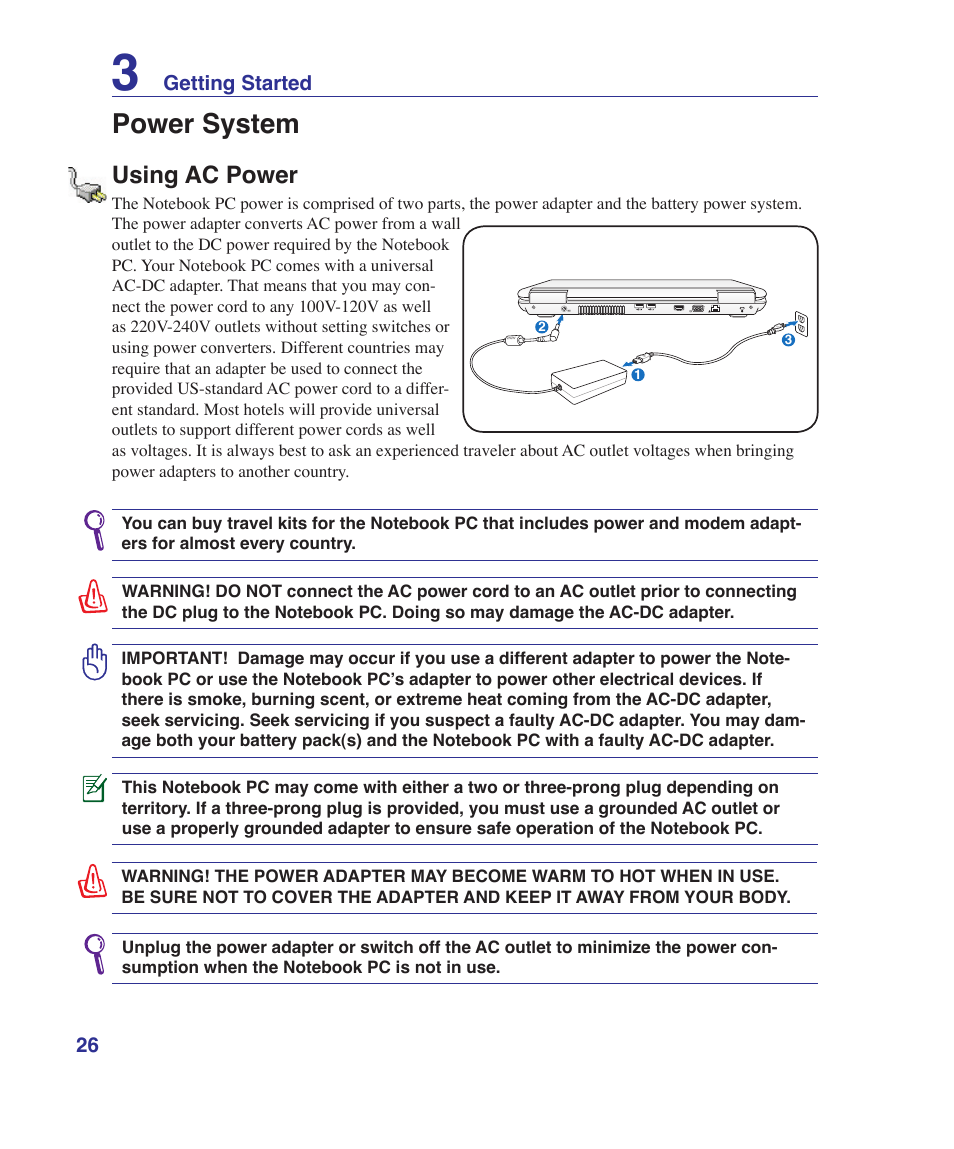 Power system, Using ac power | Asus N70SV User Manual | Page 26 / 87