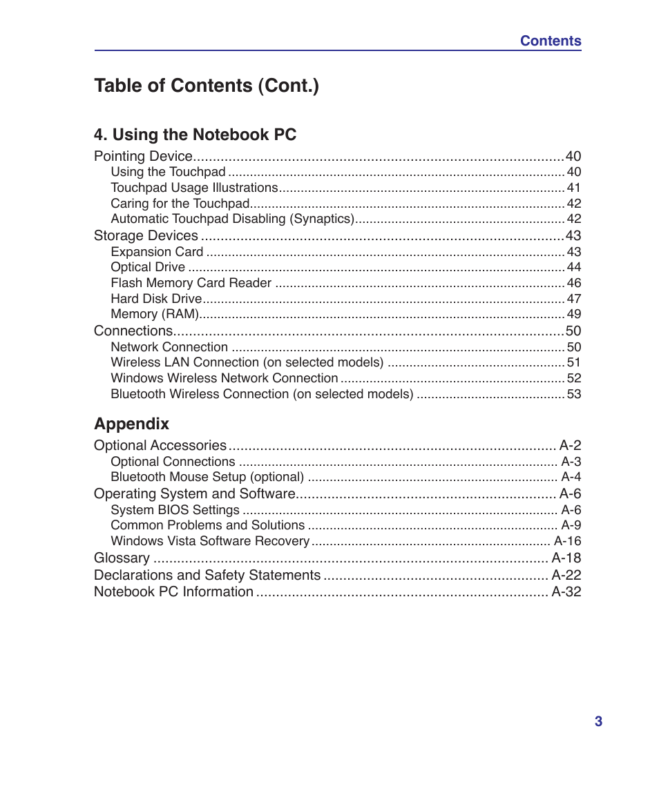 Table of contents (cont.), Appendix | Asus N70SV User Manual | Page 3 / 87