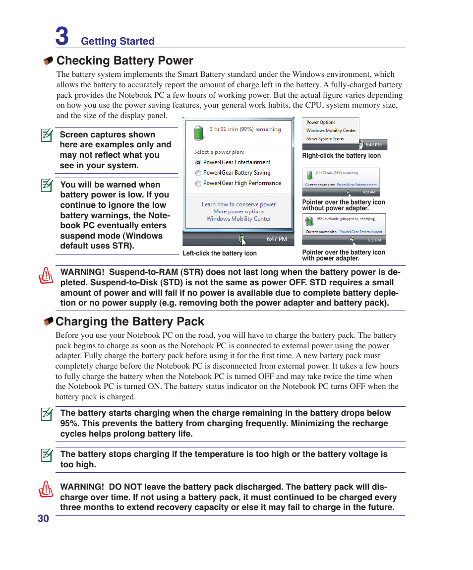 Checking battery power, Charging the battery pack | Asus N70SV User Manual | Page 30 / 87