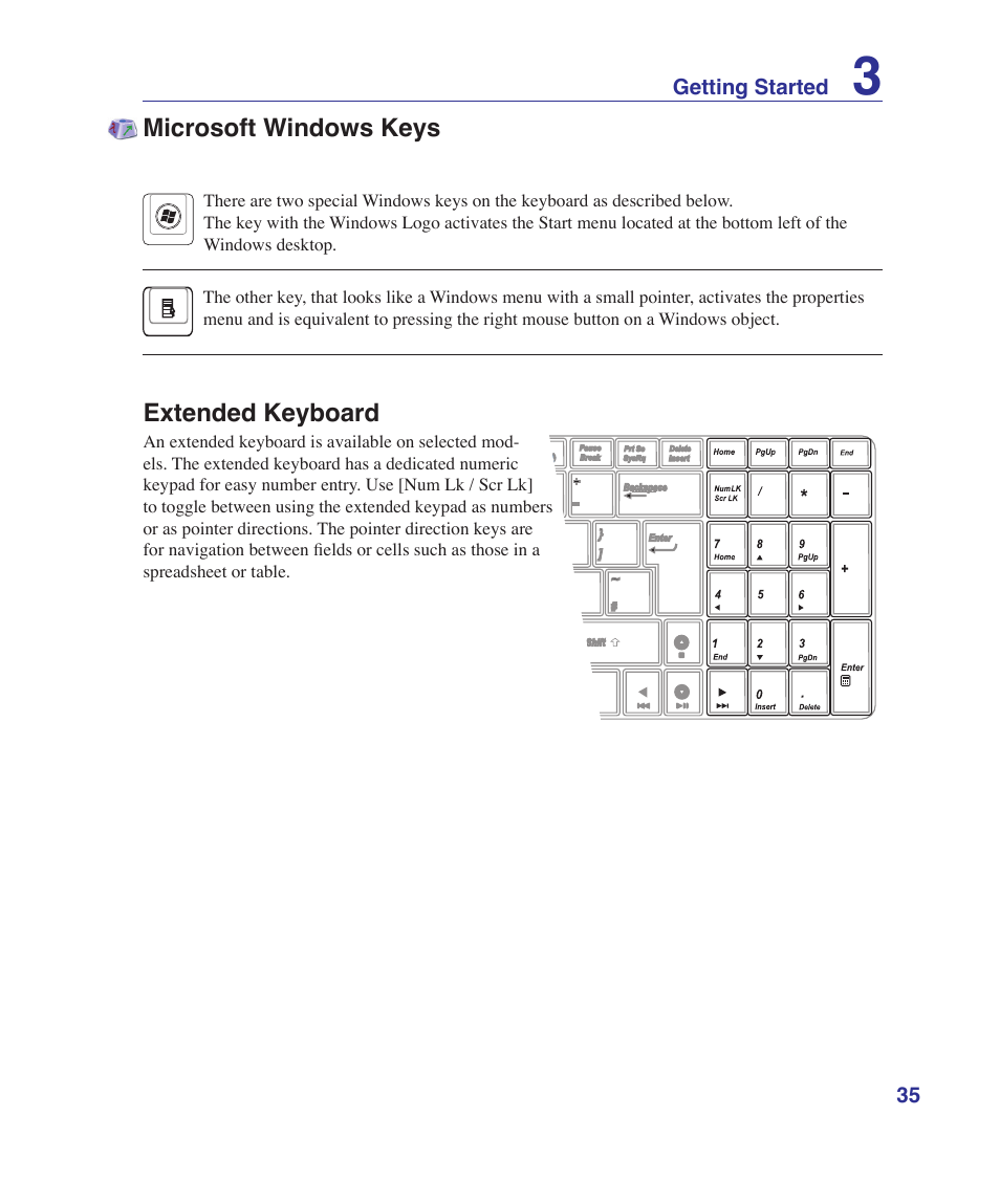 Microsoft windows keys, Extended keyboard, Microsoft windows keys extended keyboard | Asus N70SV User Manual | Page 35 / 87