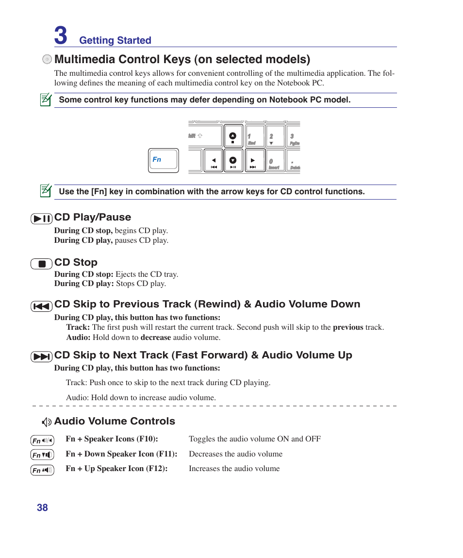 Multimedia control keys (on selected models) | Asus N70SV User Manual | Page 38 / 87