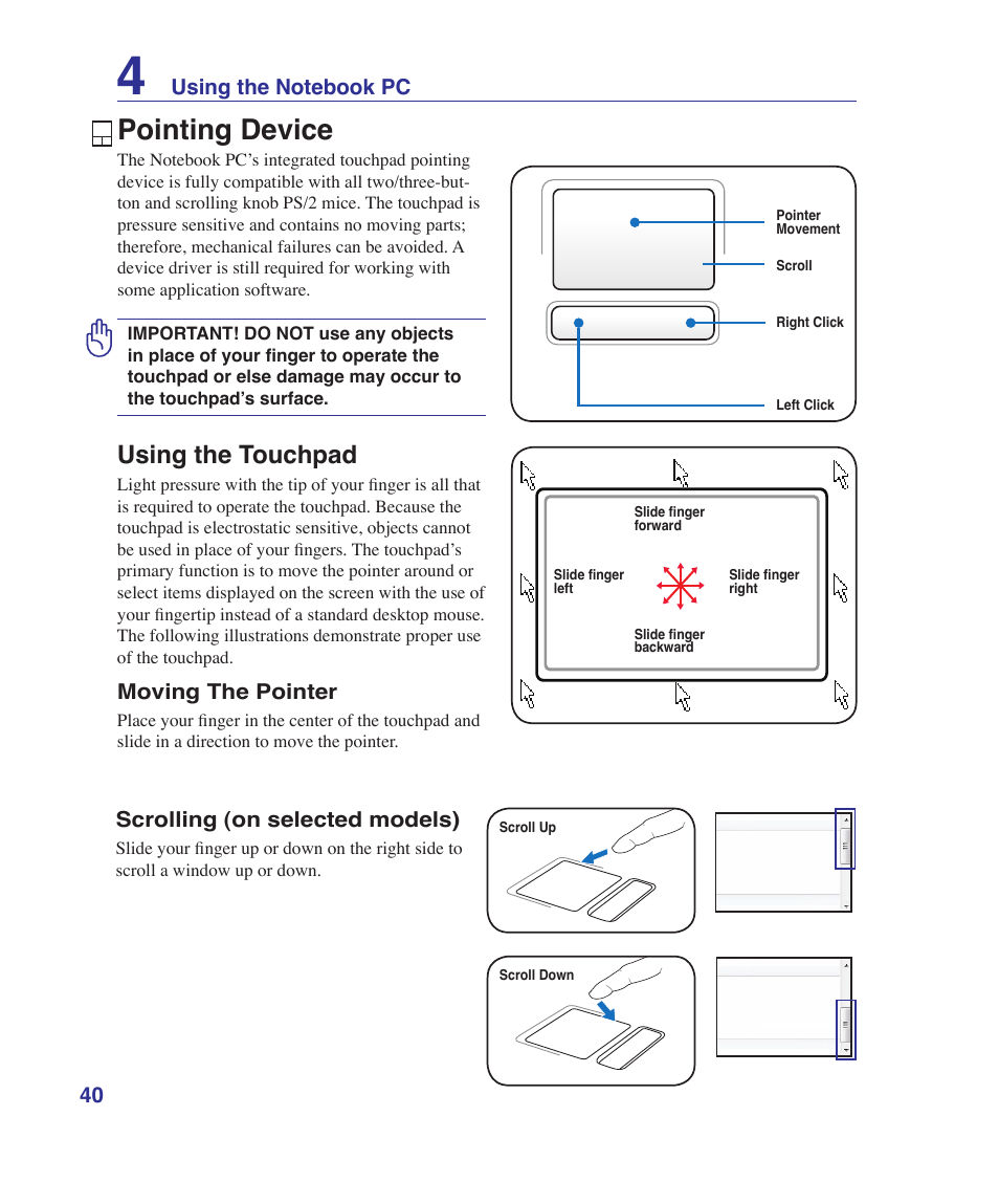 Pointing device, Using the touchpad | Asus N70SV User Manual | Page 40 / 87