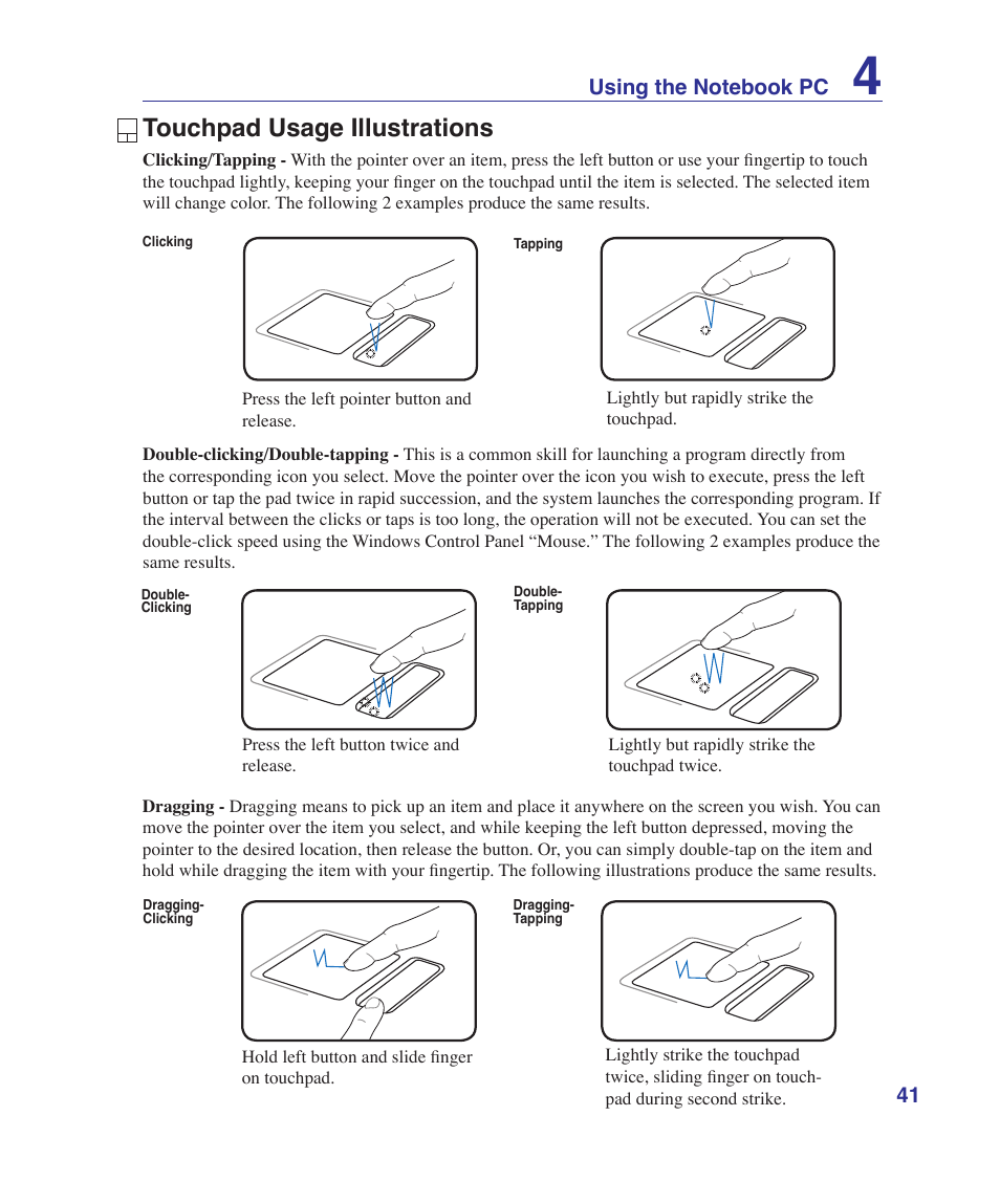 Touchpad usage illustrations | Asus N70SV User Manual | Page 41 / 87