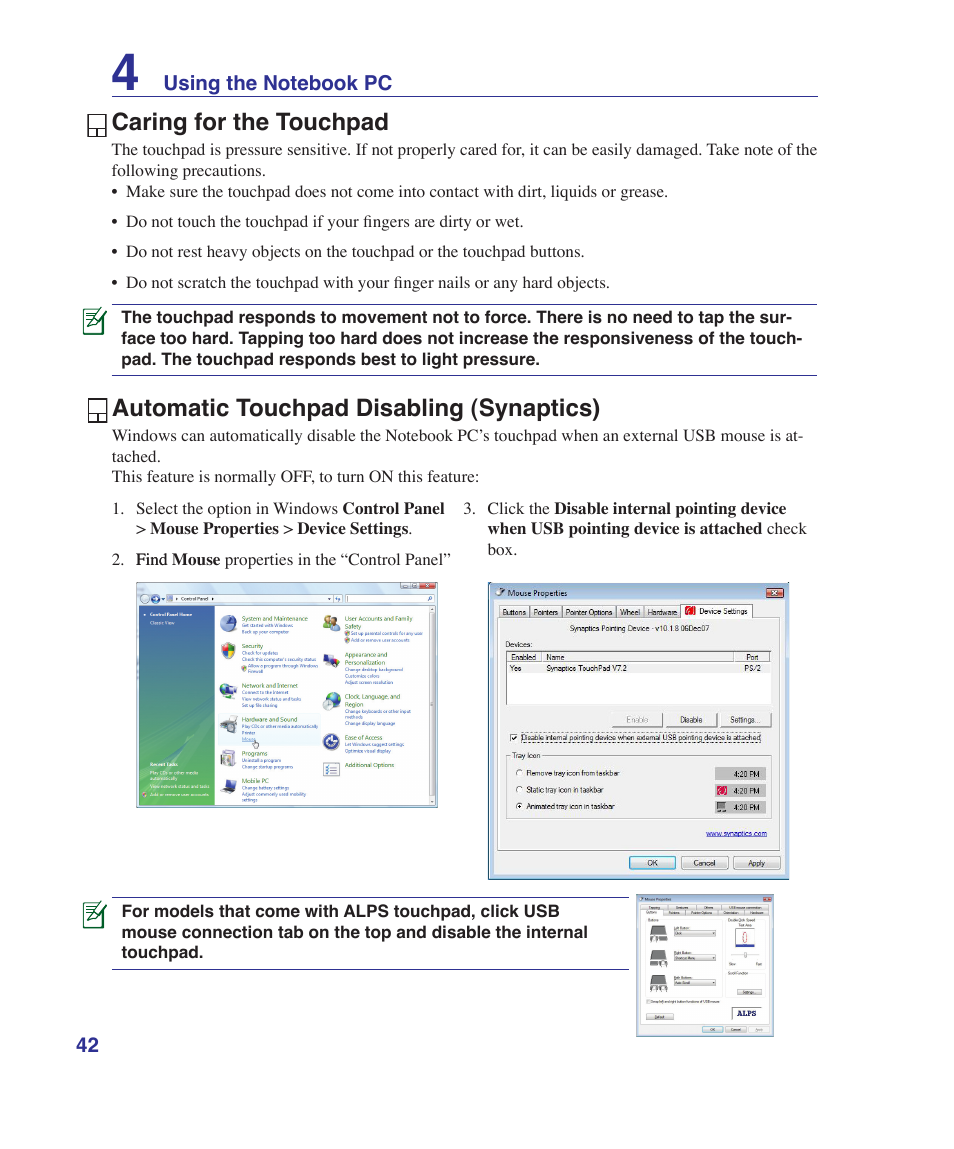 Caring for the touchpad, Automatic touchpad disabling (synaptics) | Asus N70SV User Manual | Page 42 / 87