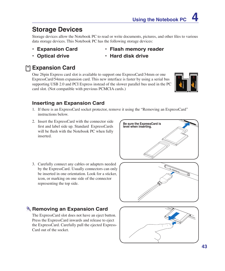 Storage devices, Expansion card | Asus N70SV User Manual | Page 43 / 87