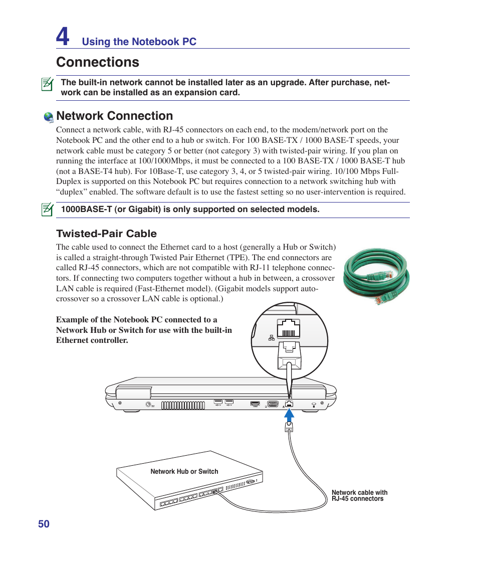 Connections, Network connection | Asus N70SV User Manual | Page 50 / 87