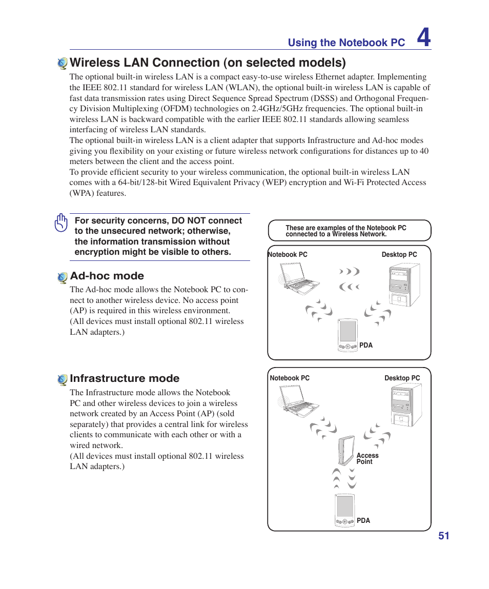 Wireless lan connection (on selected models) | Asus N70SV User Manual | Page 51 / 87